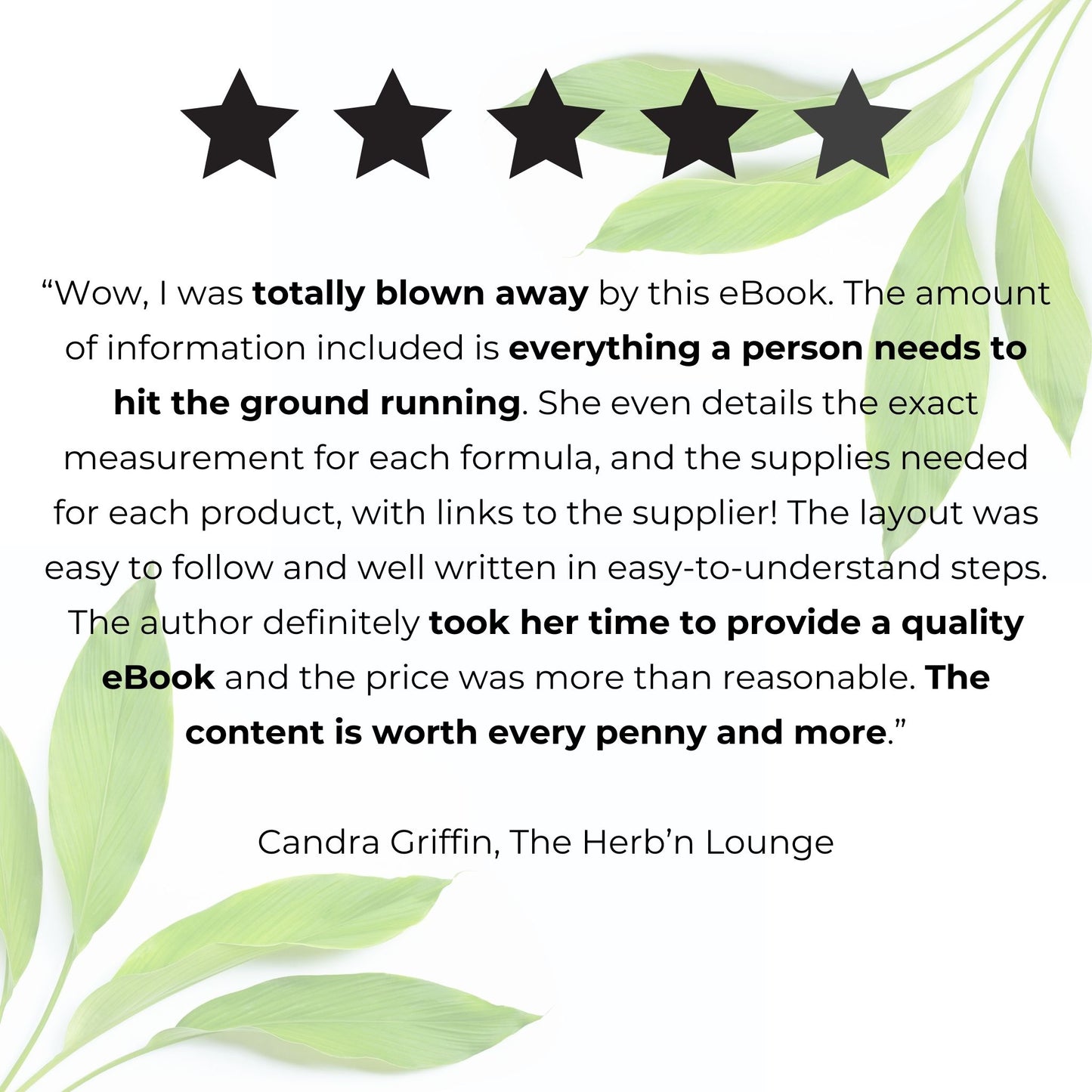 Five-star review of an eBook with a white background and green leaves.
