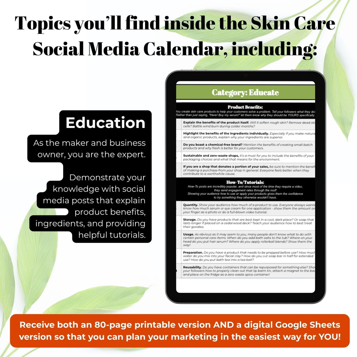 Skincare Business Social Media Calendar (Google Sheets + PDF)