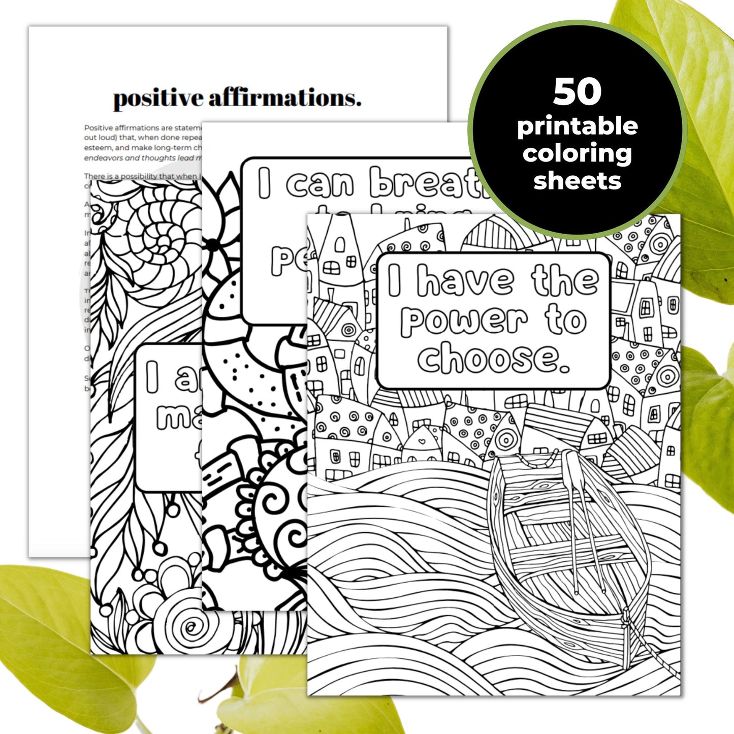 The Kids Affirmation Coloring Book by Treesnail Wellness includes 50 unique coloring sheets.
