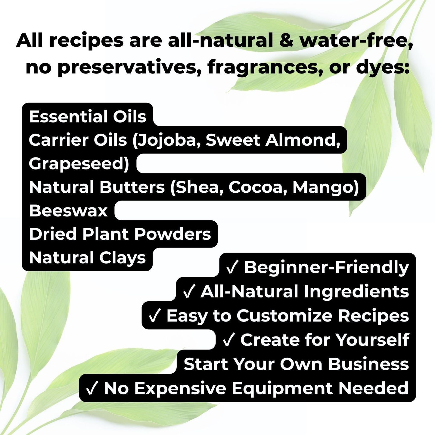 List of natural ingredients and benefits with green leaves in the background