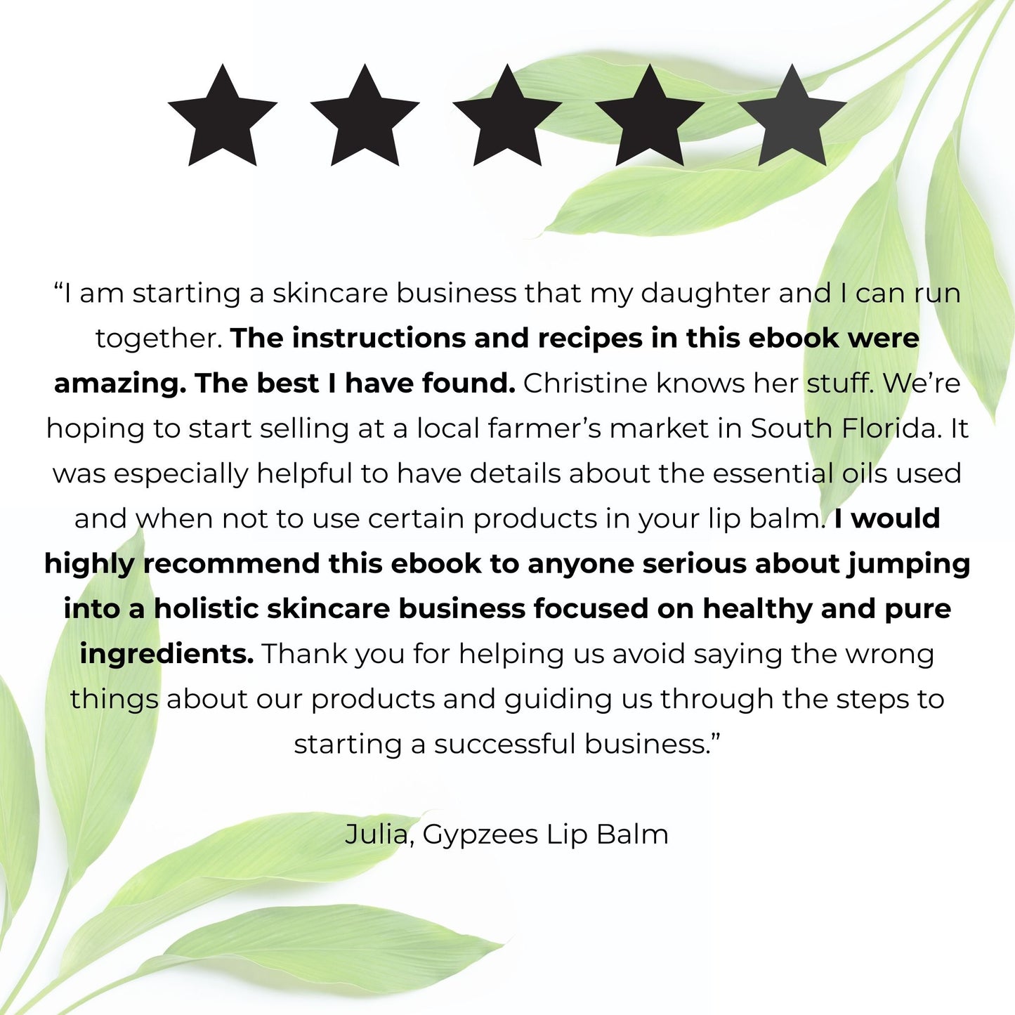 Five-star review for a skincare business ebook with green leaves on a white background