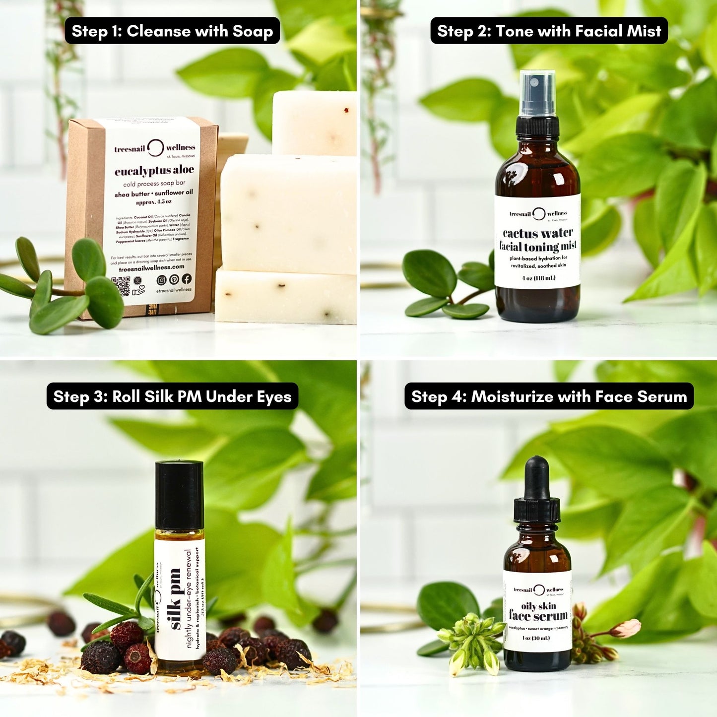 How to Use the Treesnail Wellness Natural Skincare Bundle for Acne-Prone Skin: Step 1, Cleanse with Soap; Step 2, Tone with Facial Mist; Step 3, Roll Silk PM Under Eyes; Step 4, Moisturize with Face Serum