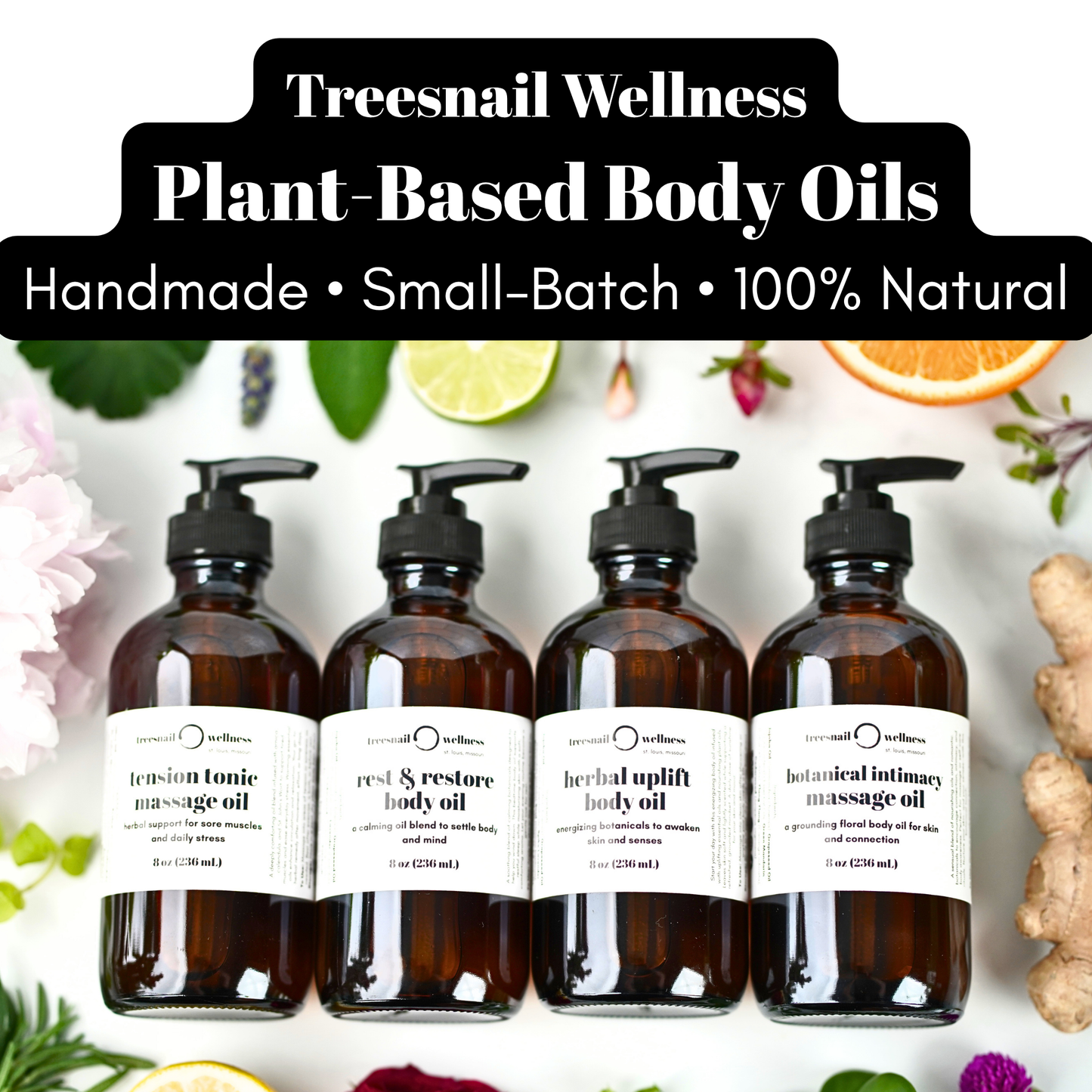 All body oils and massage oils available at Treesnail Wellness, 100% plant-based and natural.