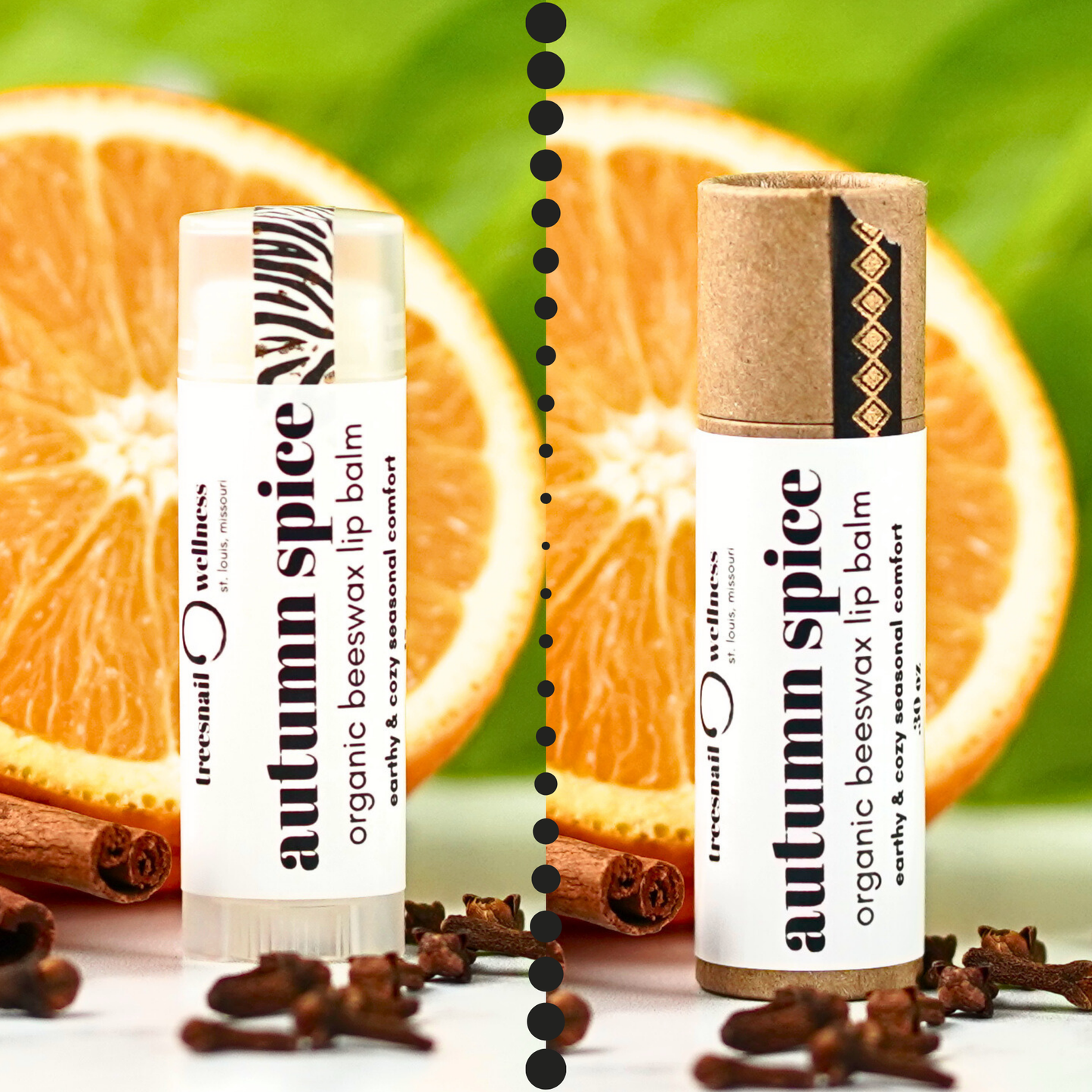 Two lip balms labeled 'autumn spice' with oranges and cinnamon sticks in the background by Treesnail Wellness.
