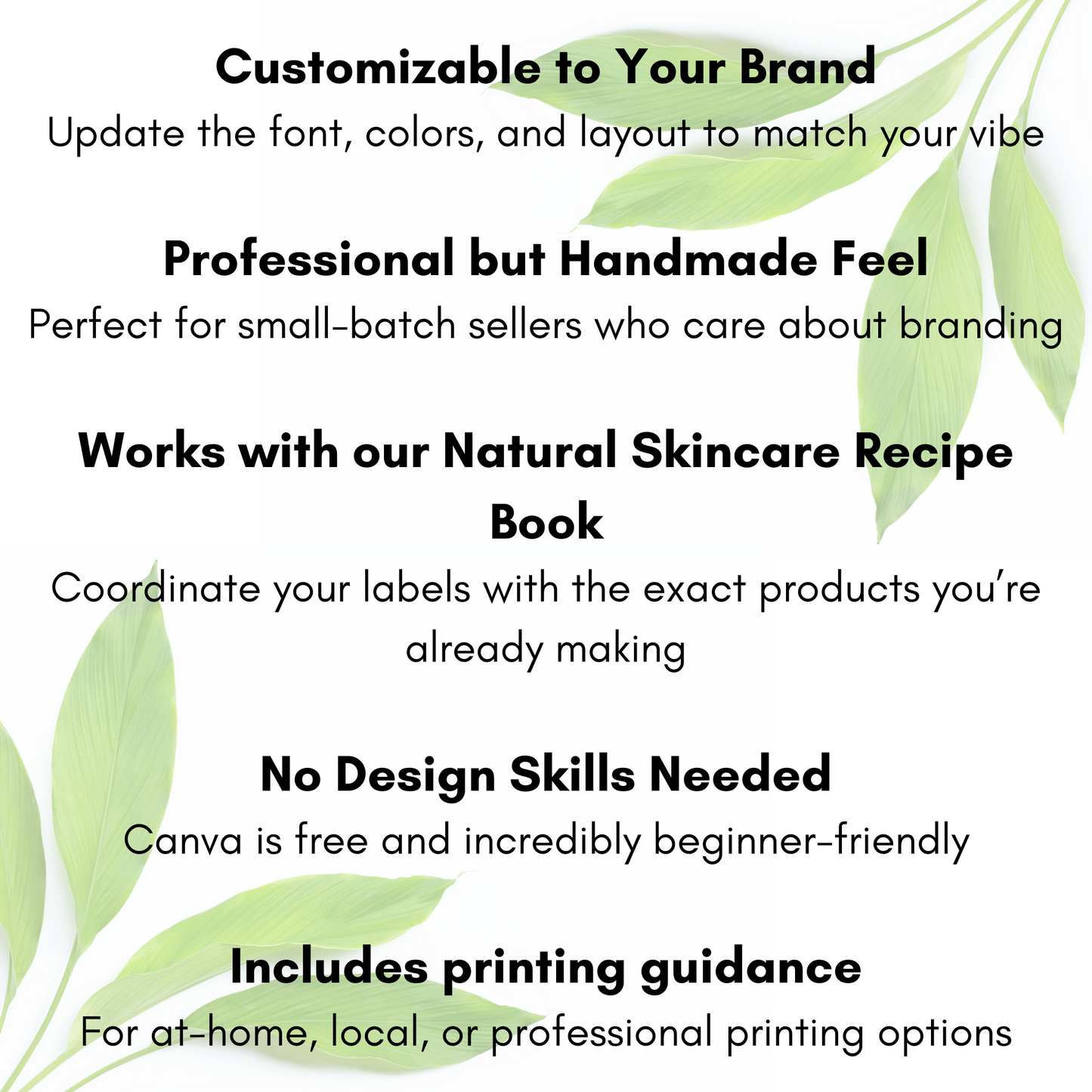 Text describing customizable branding options with green leaves on a white background