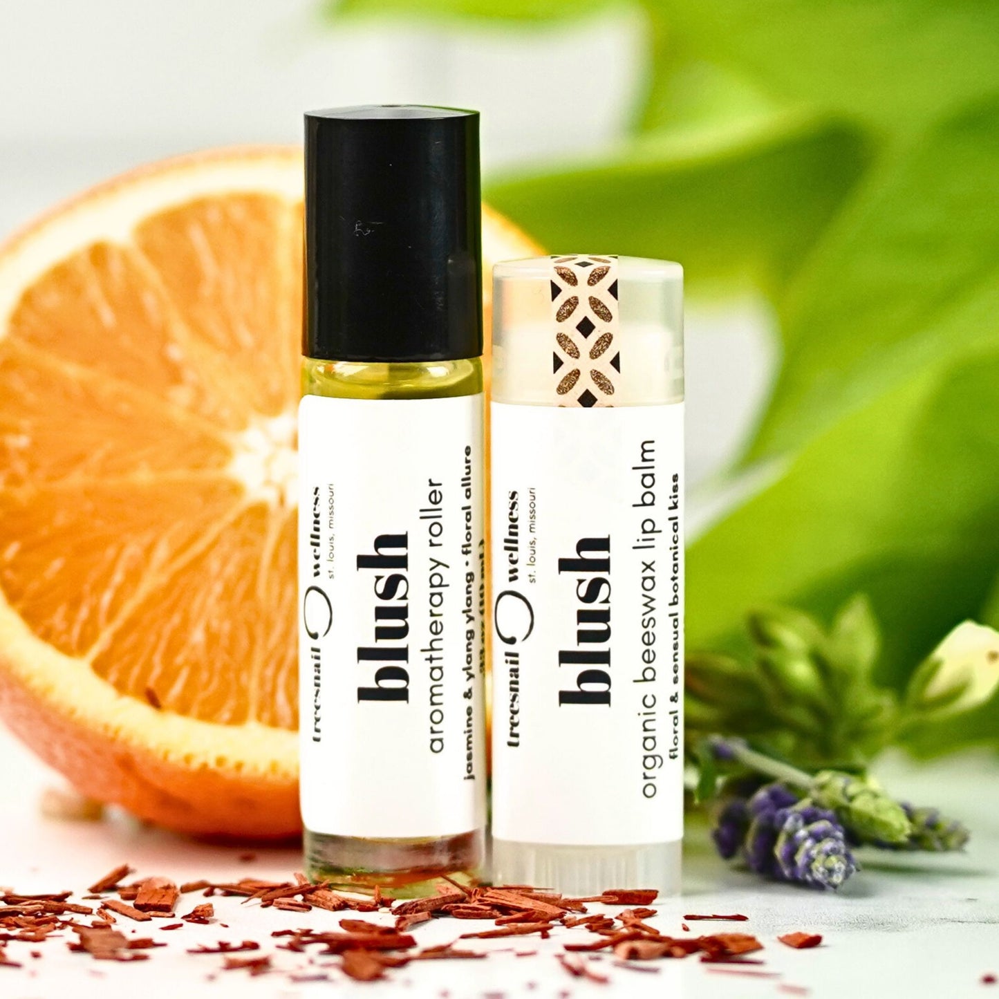 Blush Aromatherapy Roller and Organic Lip Balm .15 oz Gift Set by Treesnail Wellness