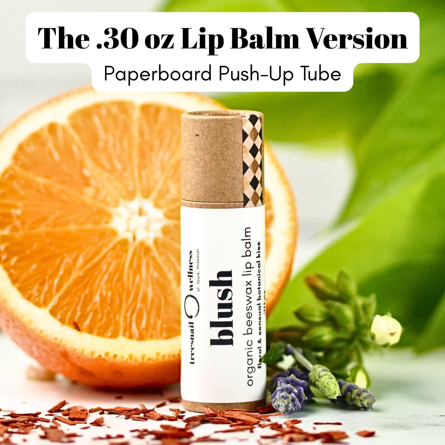 Treesnail Wellness Blush Organic Lip Balm, .30 oz paperboard push-up tube version.