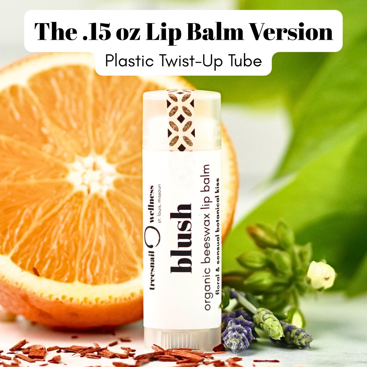 Treesnail Wellness Blush Organic Lip Balm, .15 oz plastic twist-up tube version.