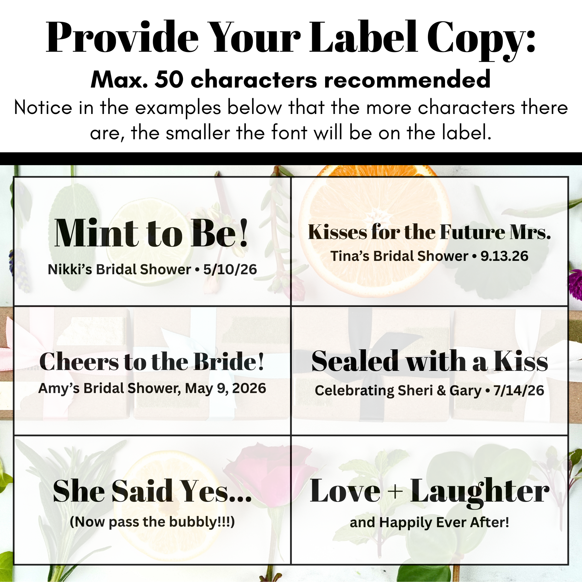Bridal shower label examples with customizable text on a floral background