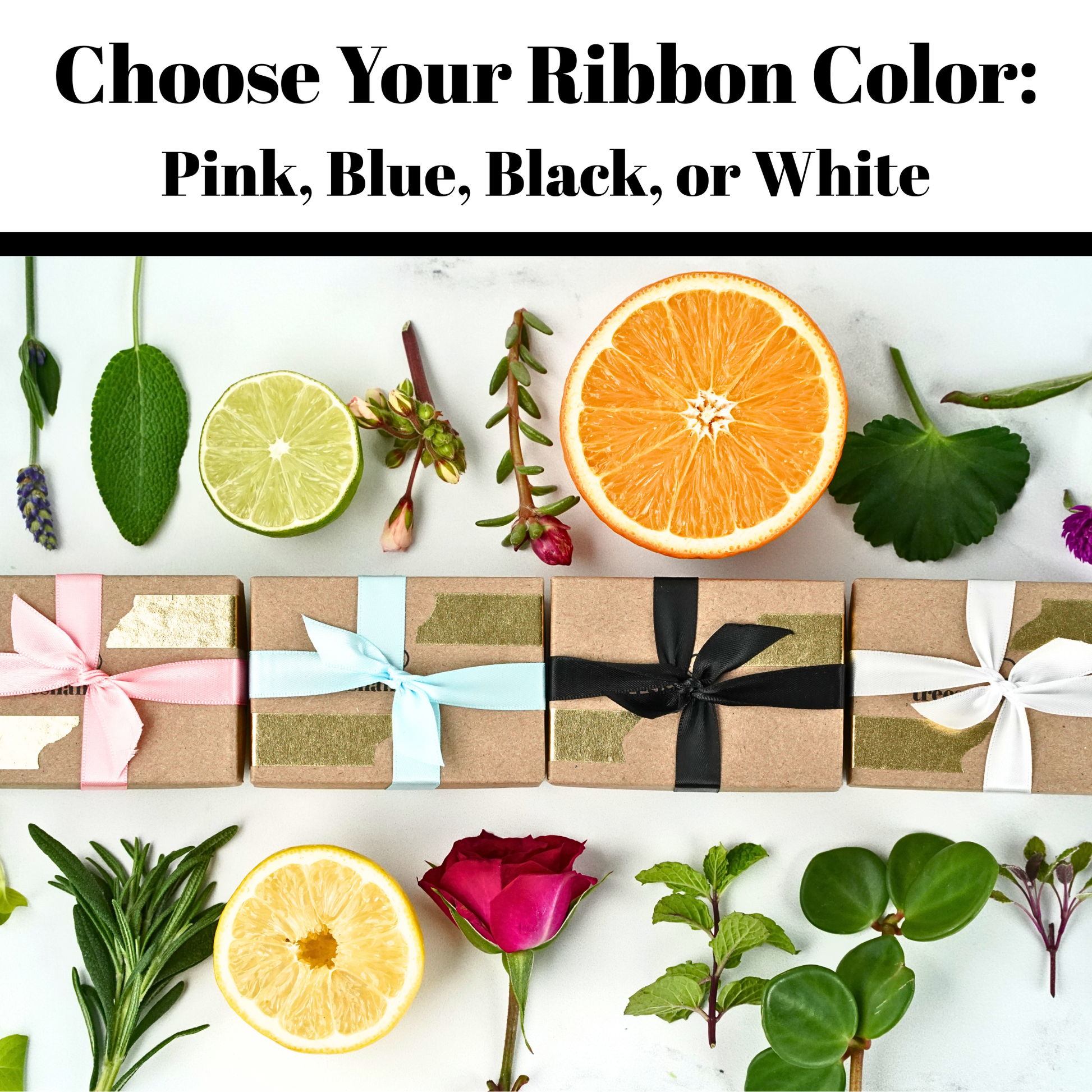 Color swatches with ribbons and a half-sliced orange on a white background