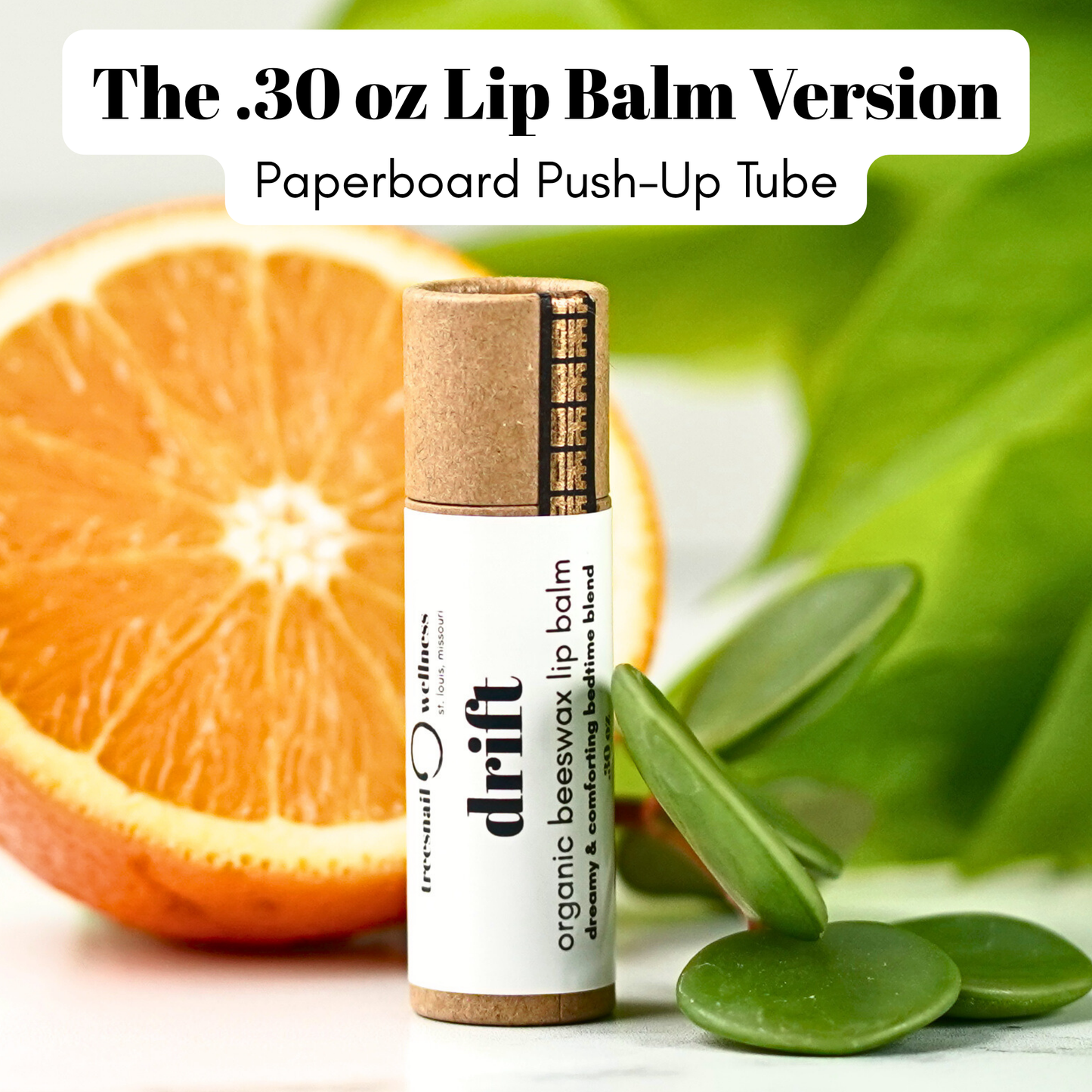 Drift Organic Beeswax lip balm in a sustainable paperboard .30 oz push up tube.