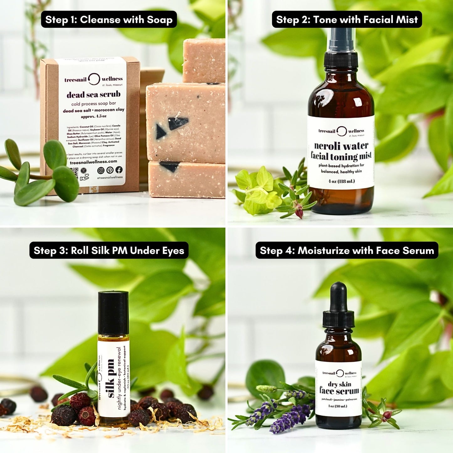 How to Use the Treesnail Wellness Natural Skincare Bundle for Dry Skin: Step 1, Cleanse with Soap; Step 2, Tone with Facial Mist; Step 3, Roll Silk PM Under Eyes; Step 4, Moisturize with Face Serum