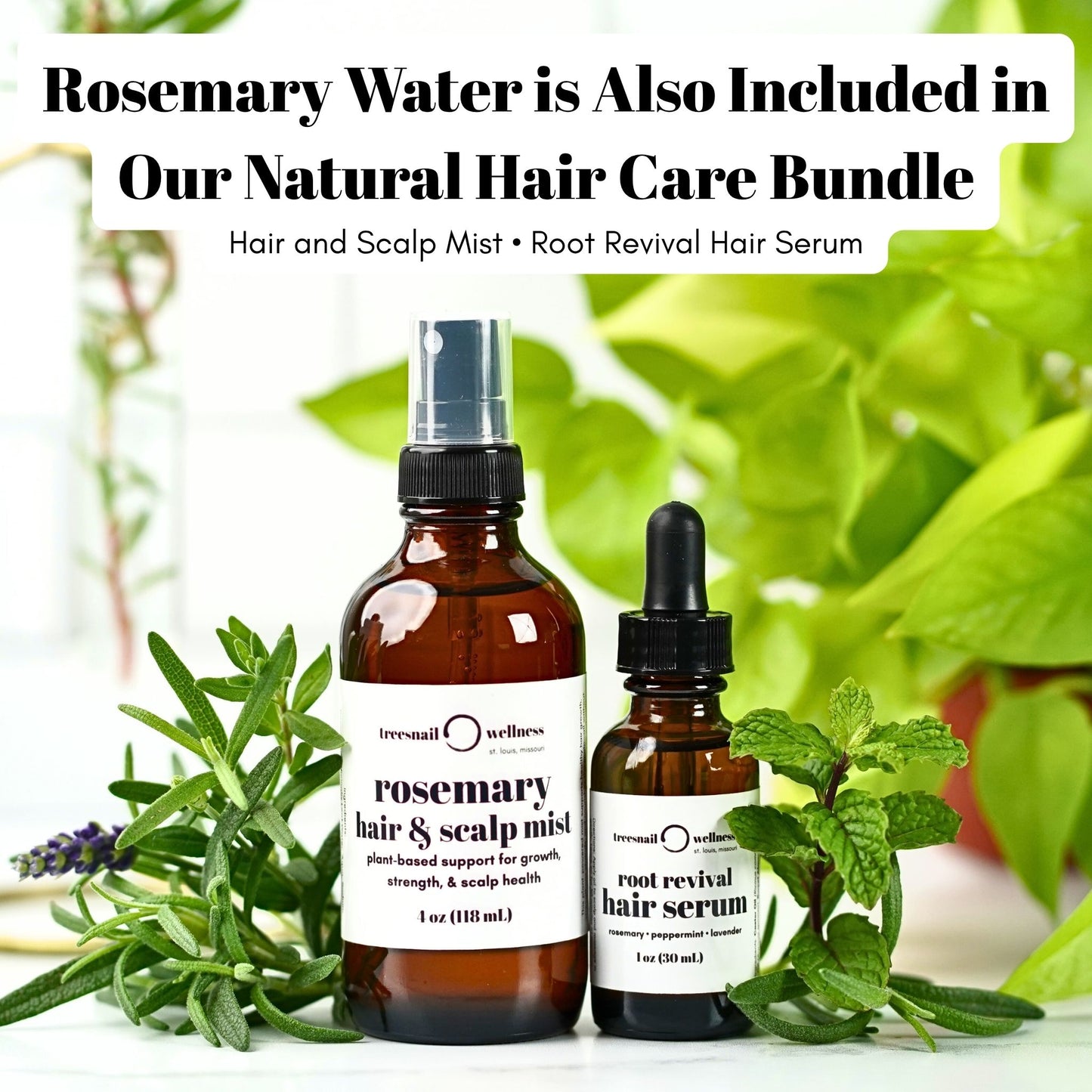 Rosemary Water is included in the Treesnail Wellness Natural Hair Care Bundle that includes a hair and scalp mist, hair serum, packaged in a sustainable cotton muslin bag.