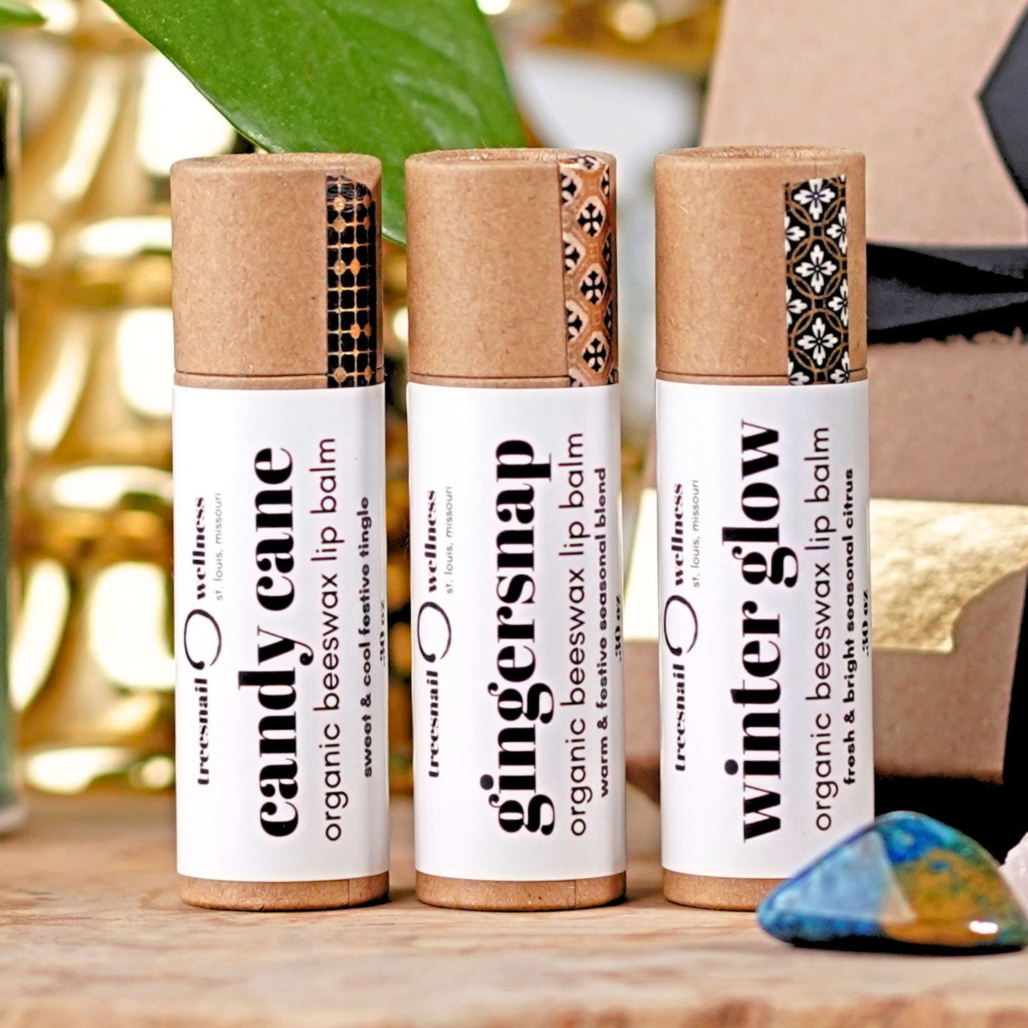 Wrapped holiday eco push-up lip balm trio .30 oz—gold washi & black ribbon (Candy Cane, Winter Glow, Ginger Snap)