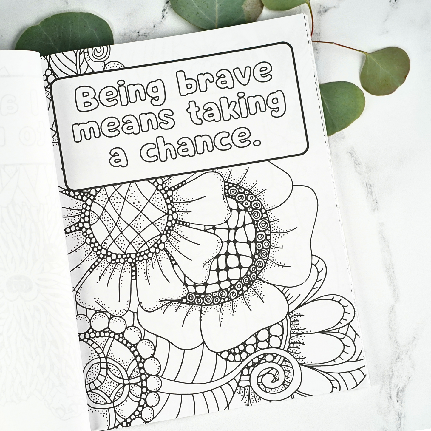 Kids Affirmation Coloring Book Example, "Being brave means taking a chance."
