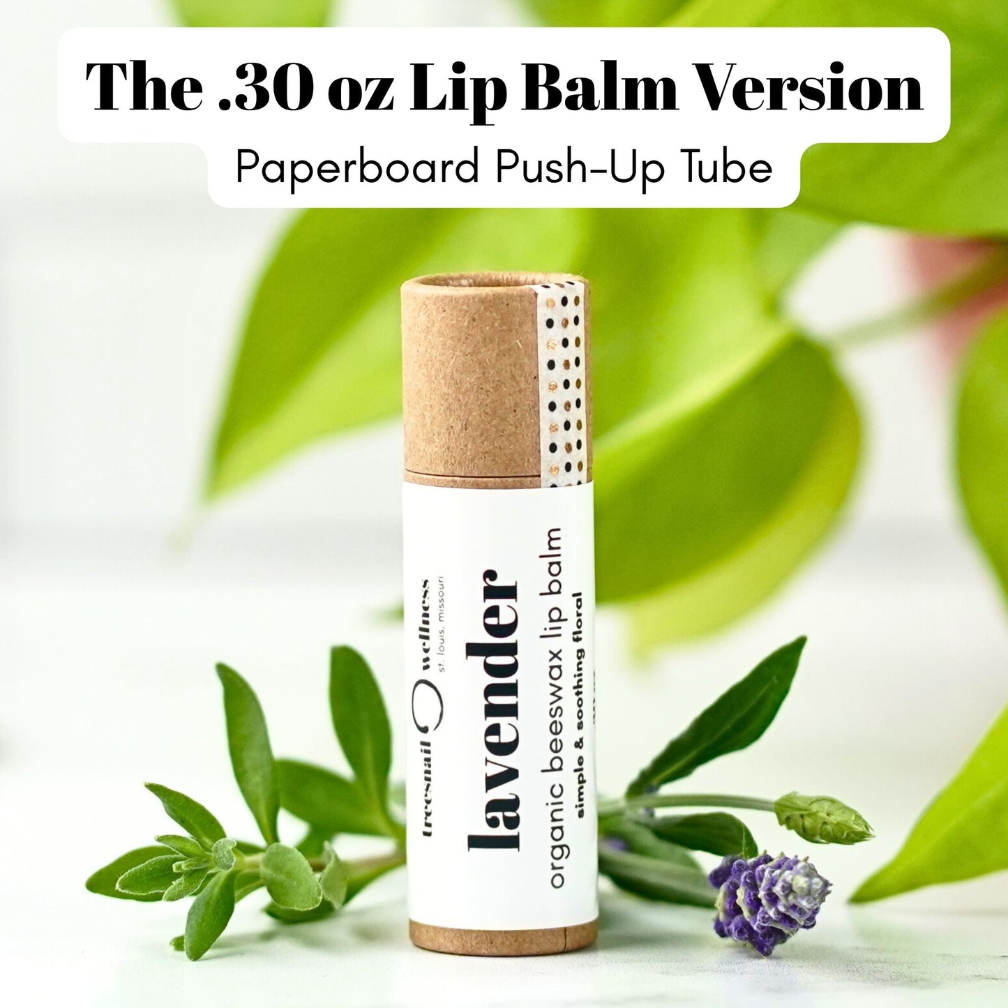Treesnail Wellness Lavender Organic Lip Balm in a .30 oz eco-friendly paperboard tube version.
