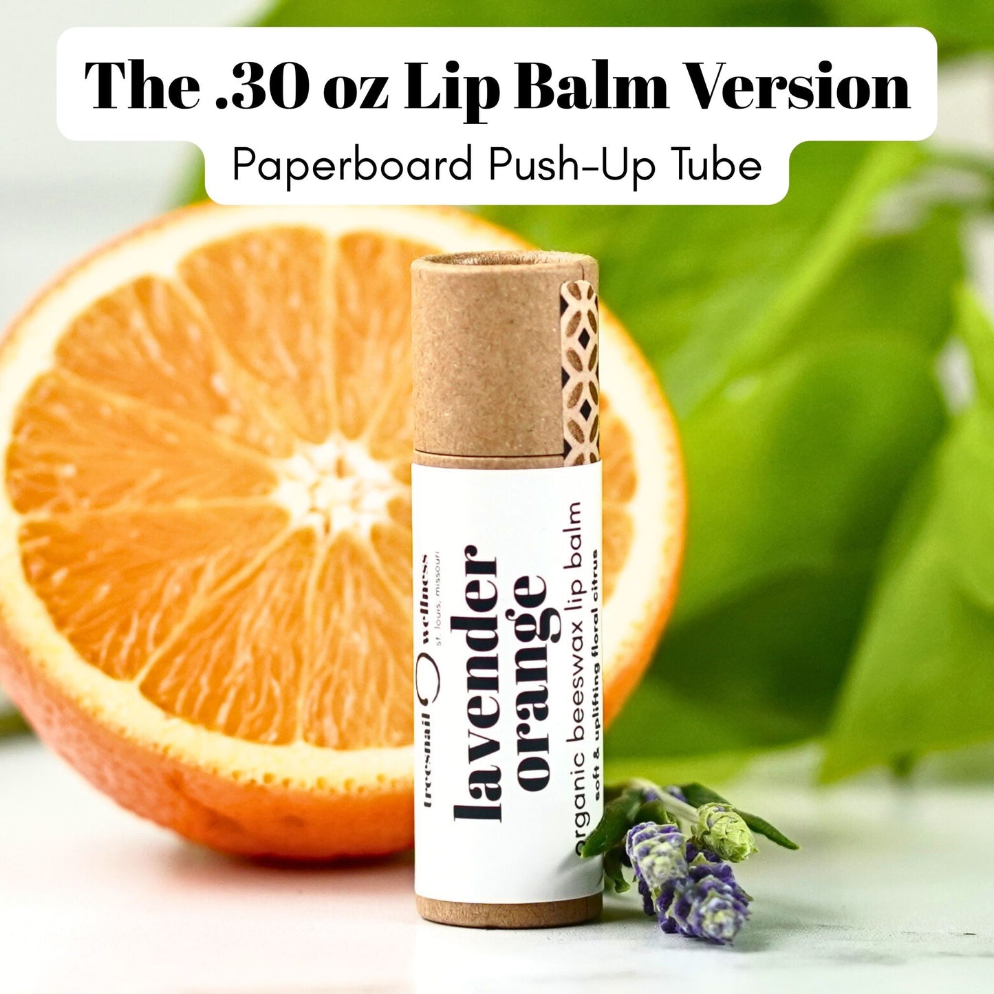 Treesnail Wellness Lavender Orange Organic Beeswax Lip Balm in the .30 oz paperboard tube version.