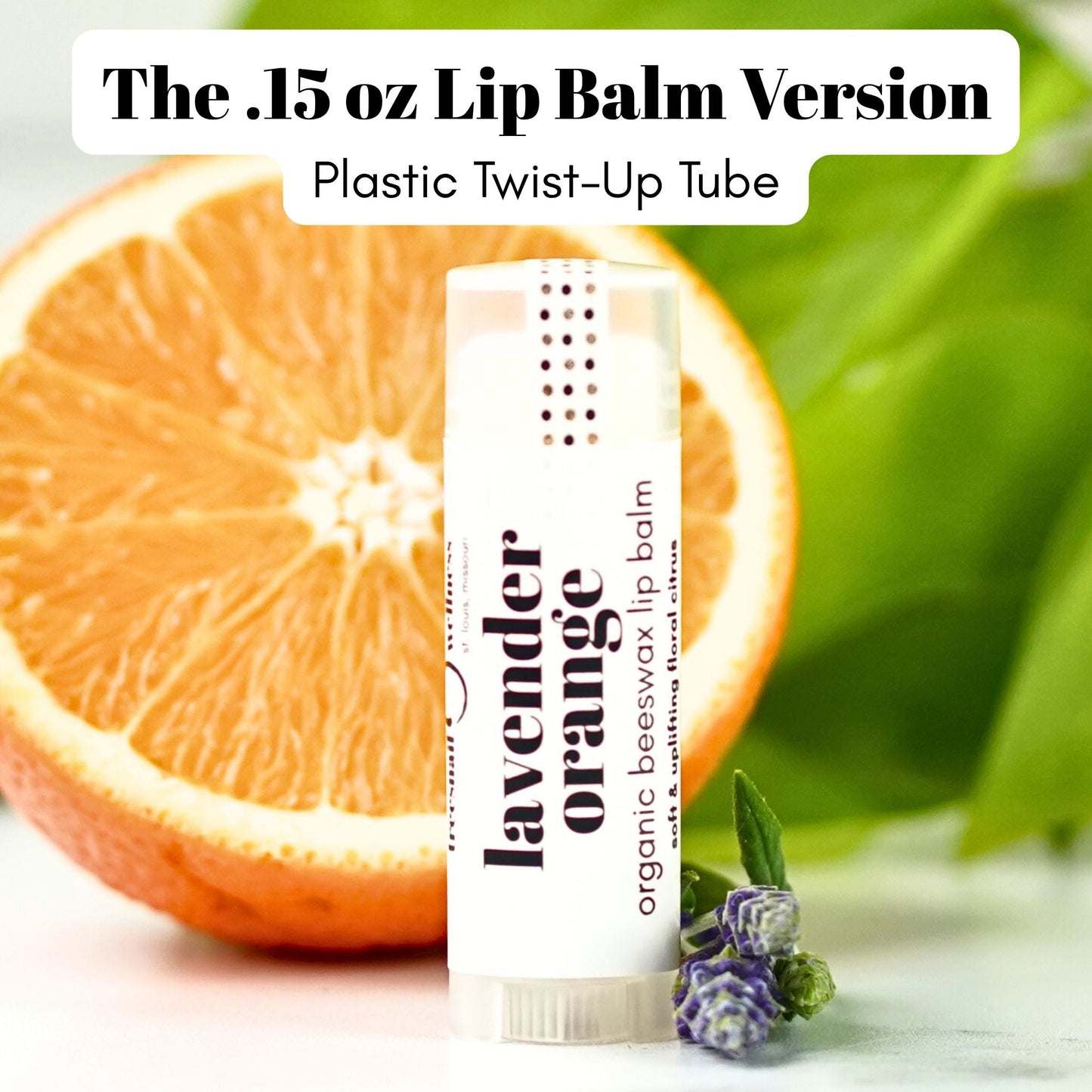 Treesnail Wellness Lavender Orange Organic Beeswax Lip Balm in the .15 oz plastic tube version.