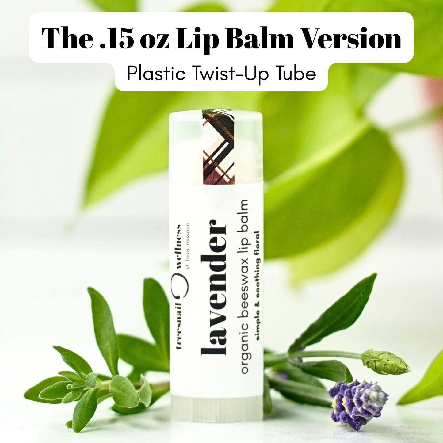 Treesnail Wellness Lavender Organic Lip Balm in a .15 oz plastic twist-up tube version.