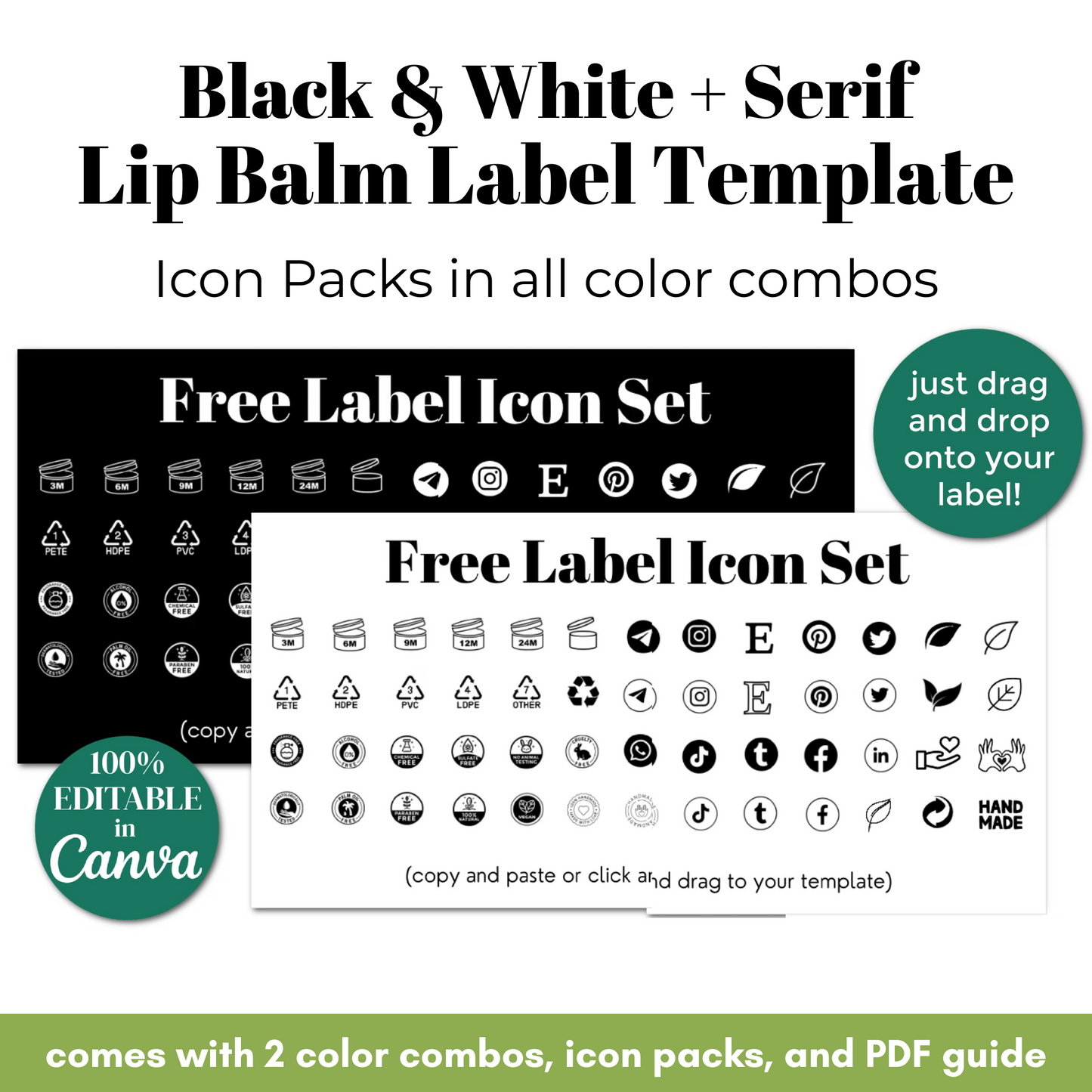Black and white lip balm label template with icon packs and free label icon set.