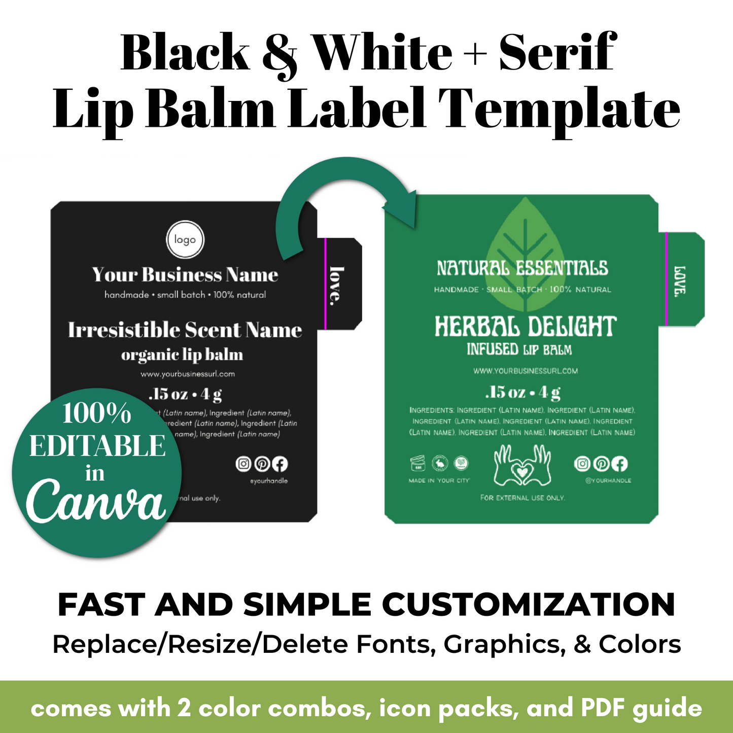 Lip balm label template with customizable options on a white background