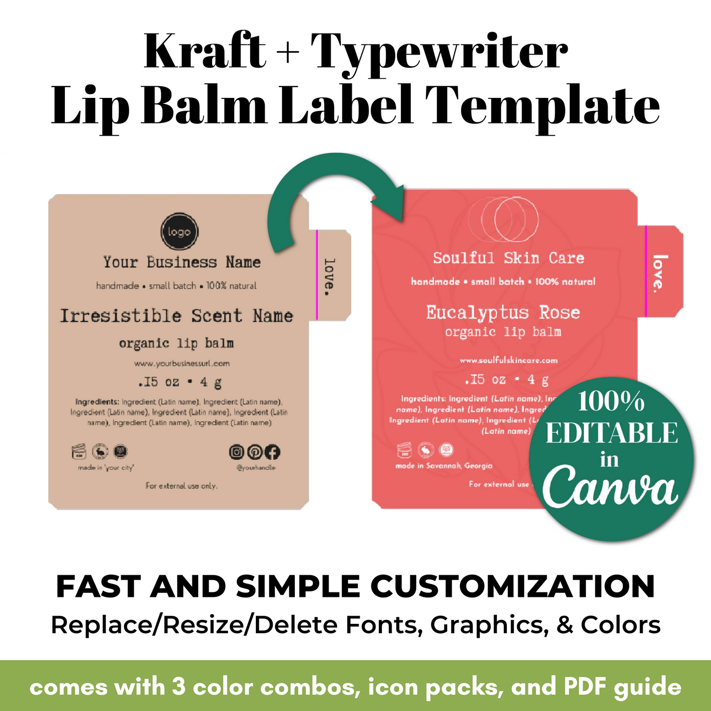 Kraft and typewriter lip balm label template with customizable features on a white background.