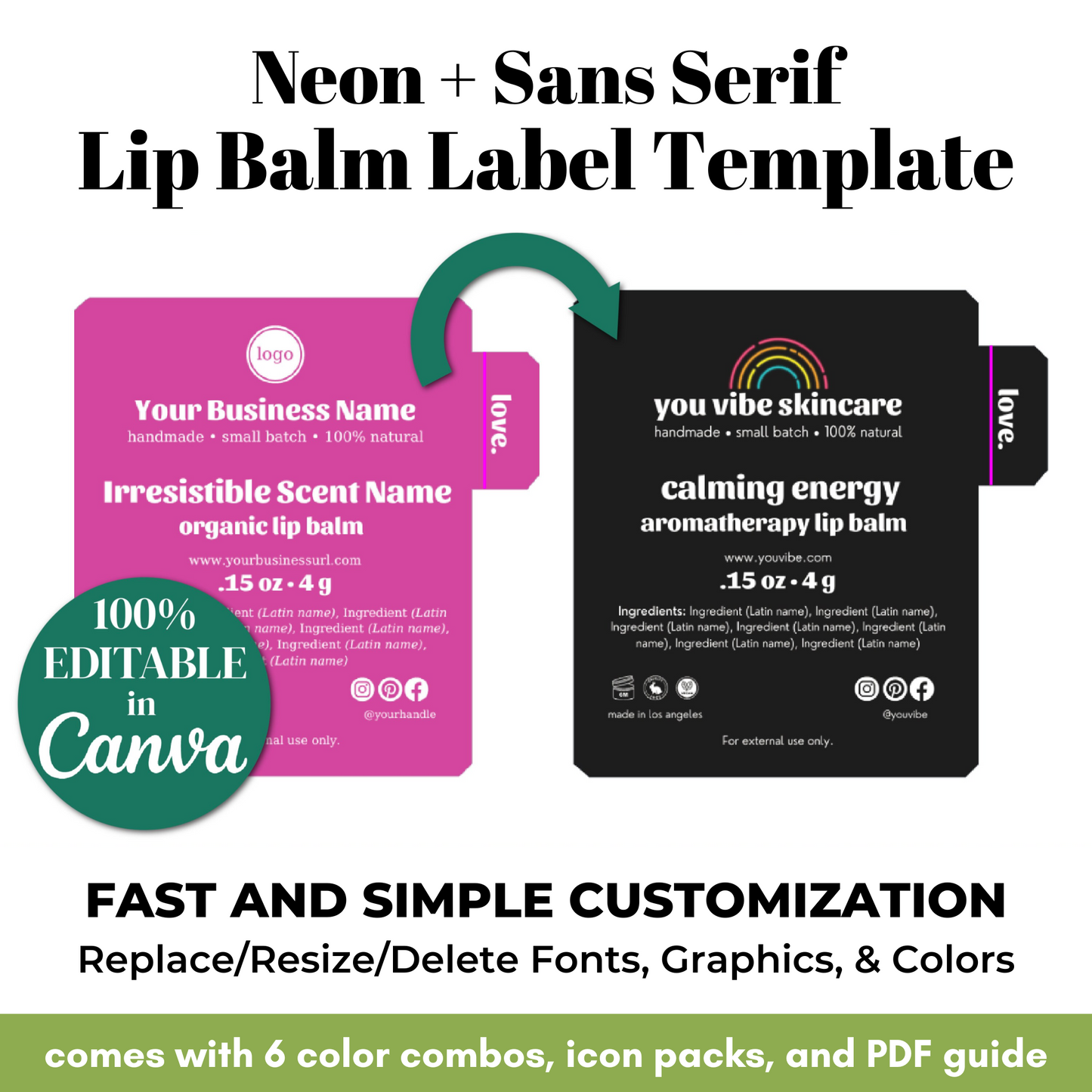 Lip balm label template with customizable options on a white background