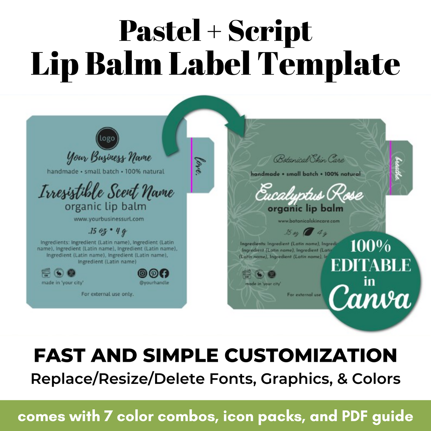 Pastel and script lip balm label template with customizable features on a white background