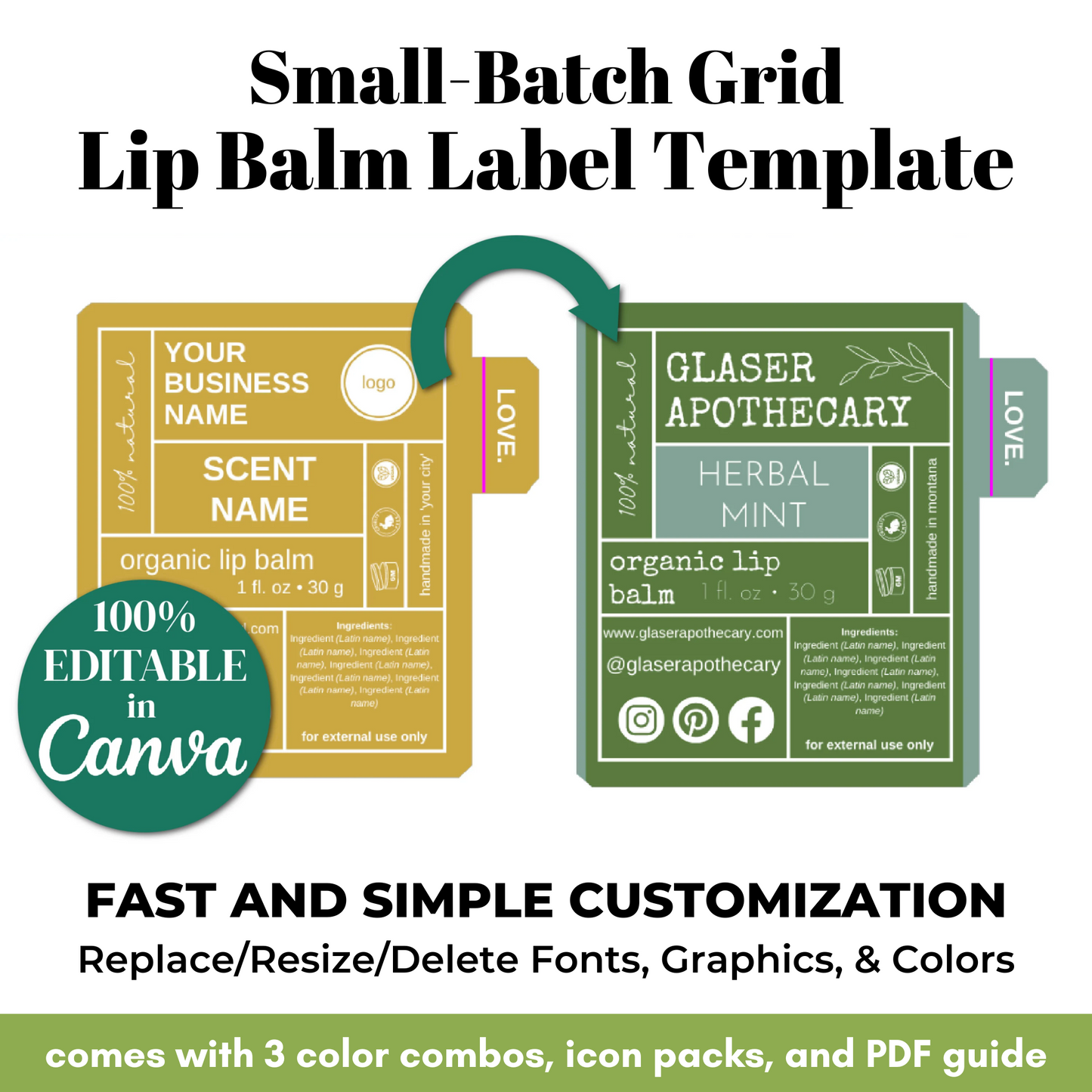 Lip balm label template with customizable fields and editing options.