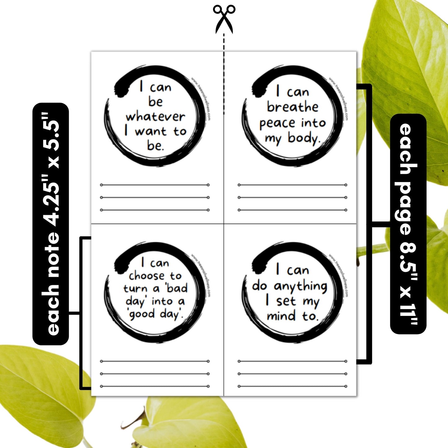 Each 8.5" x 11" kids affirmation page includes four different notes, cut down to 4.25" x 5.5" to easily place in lunchbox, planner, or pocket.