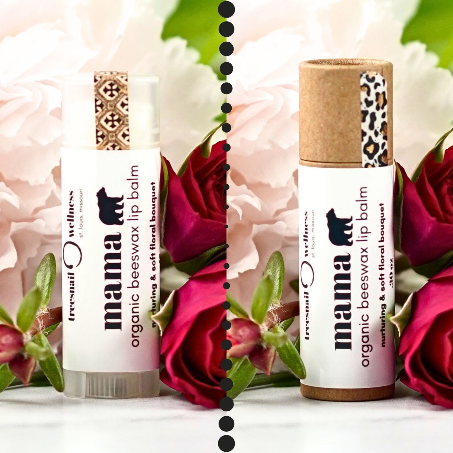 Two organic beeswax lip balms with floral and rose background with Mama Bear label.
