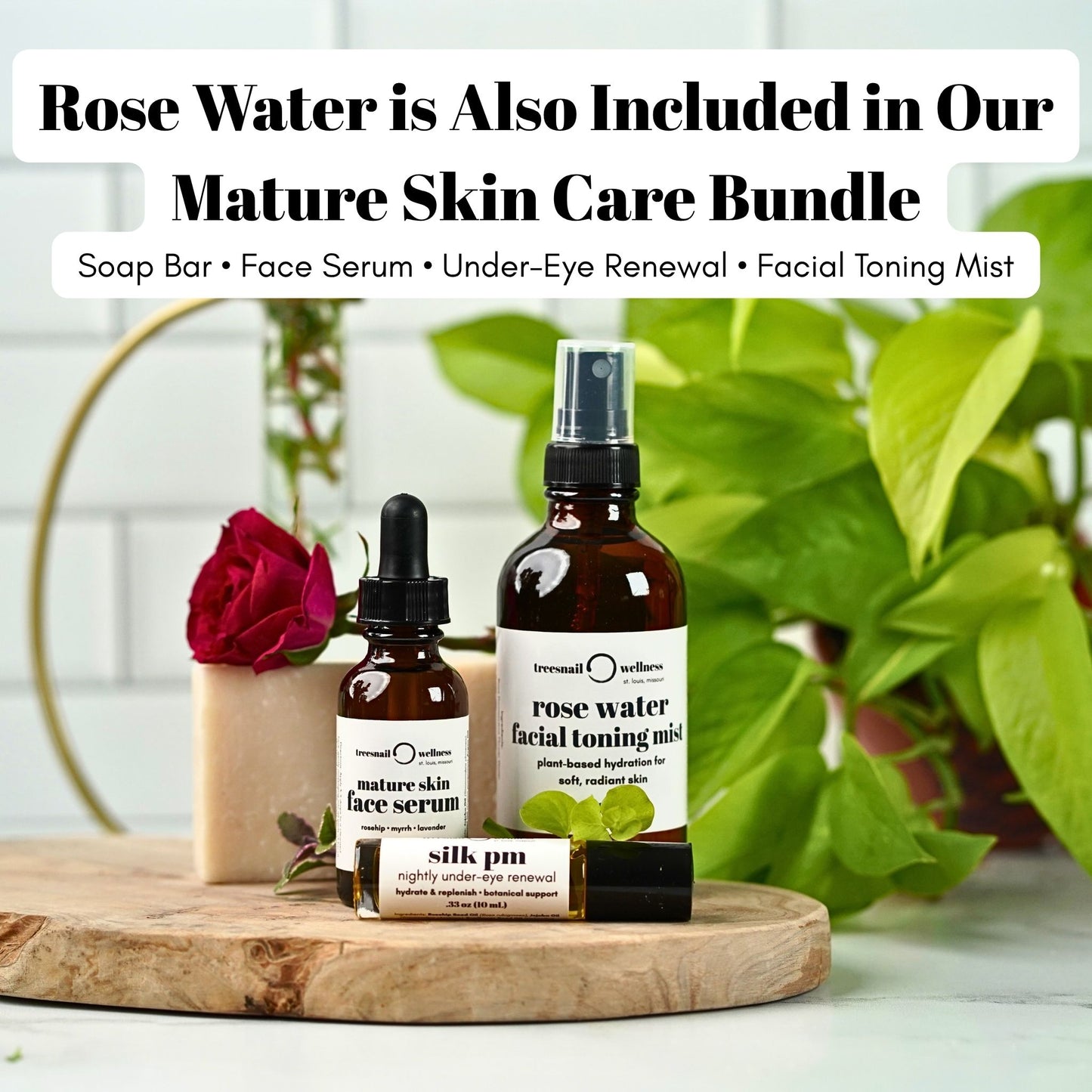 Rose Water is included in the Treesnail Wellness Mature Skin Care Bundle that includes a milk and collagen soap far, mature skin face serum, nightly under-eye roller, and facial toning mist.