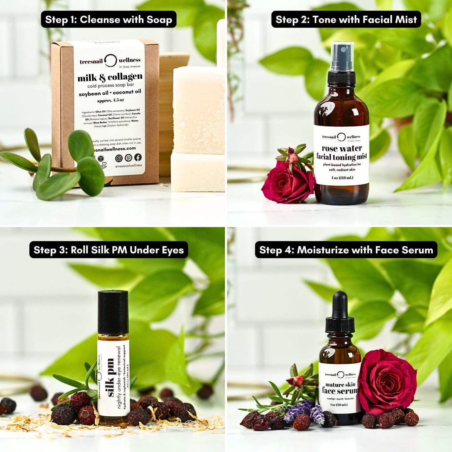 How to Use the Treesnail Wellness Natural Skincare Bundle for Mature Skin: Step 1, Cleanse with Soap; Step 2, Tone with Facial Mist; Step 3, Roll Silk PM Under Eyes; Step 4, Moisturize with Face Serum