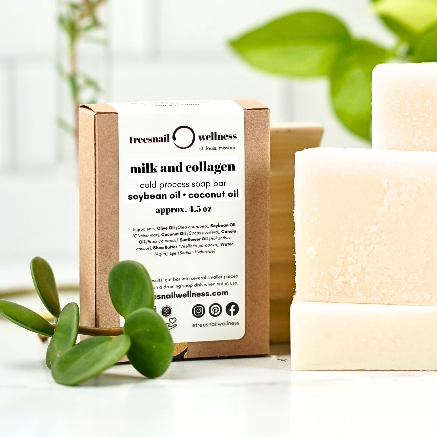 Milk and Collagen Cold Process Soap Bar by Treesnail Wellness, comes in a sustainable paperboard box.