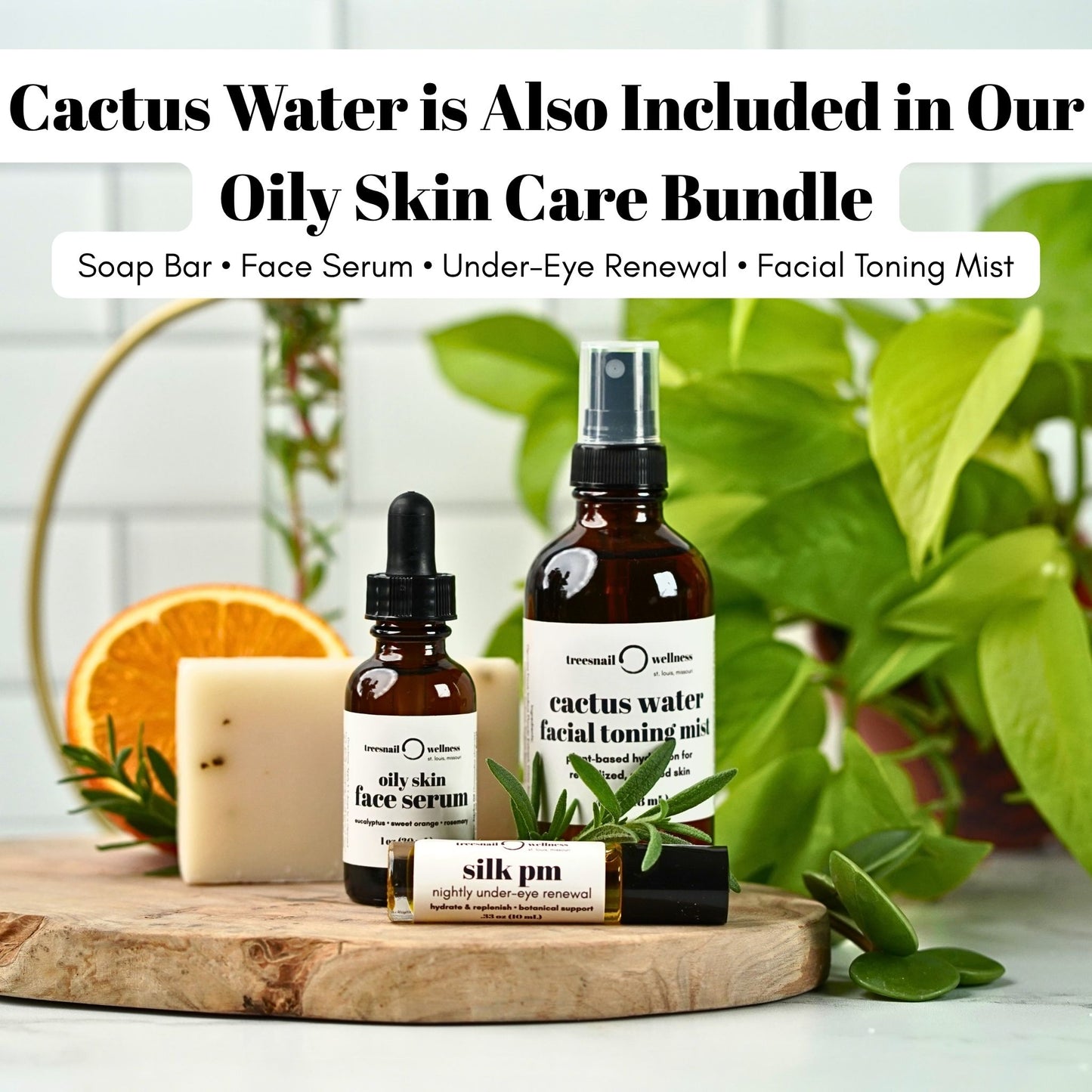 Cactus Water is included in the Treesnail Wellness Oily Skin Care Bundle that includes a milk and collagen soap far, oily skin face serum, nightly under-eye roller, and facial toning mist.