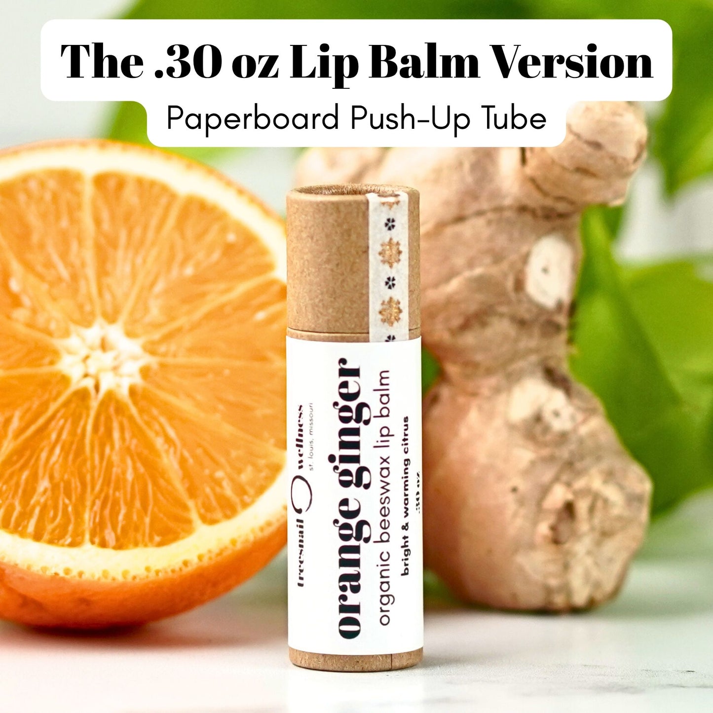 Treesnail Wellness Orange Ginger Organic Lip Balm, .15 oz plastic tube version.