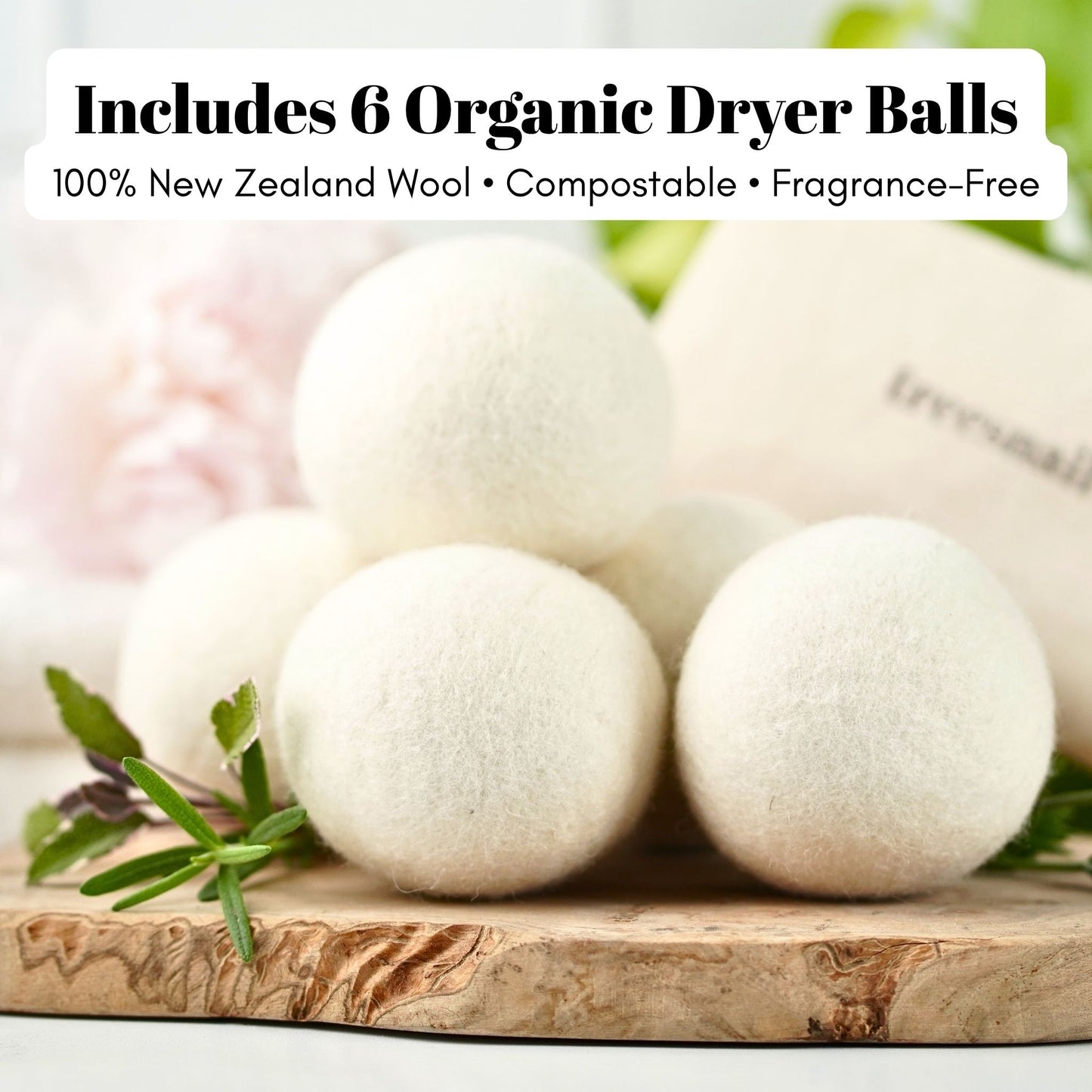 This natural laundry set includes 6 organic dryer balls from New Zealand. Compostable, fragrance-free, and easy on sensitive skin.