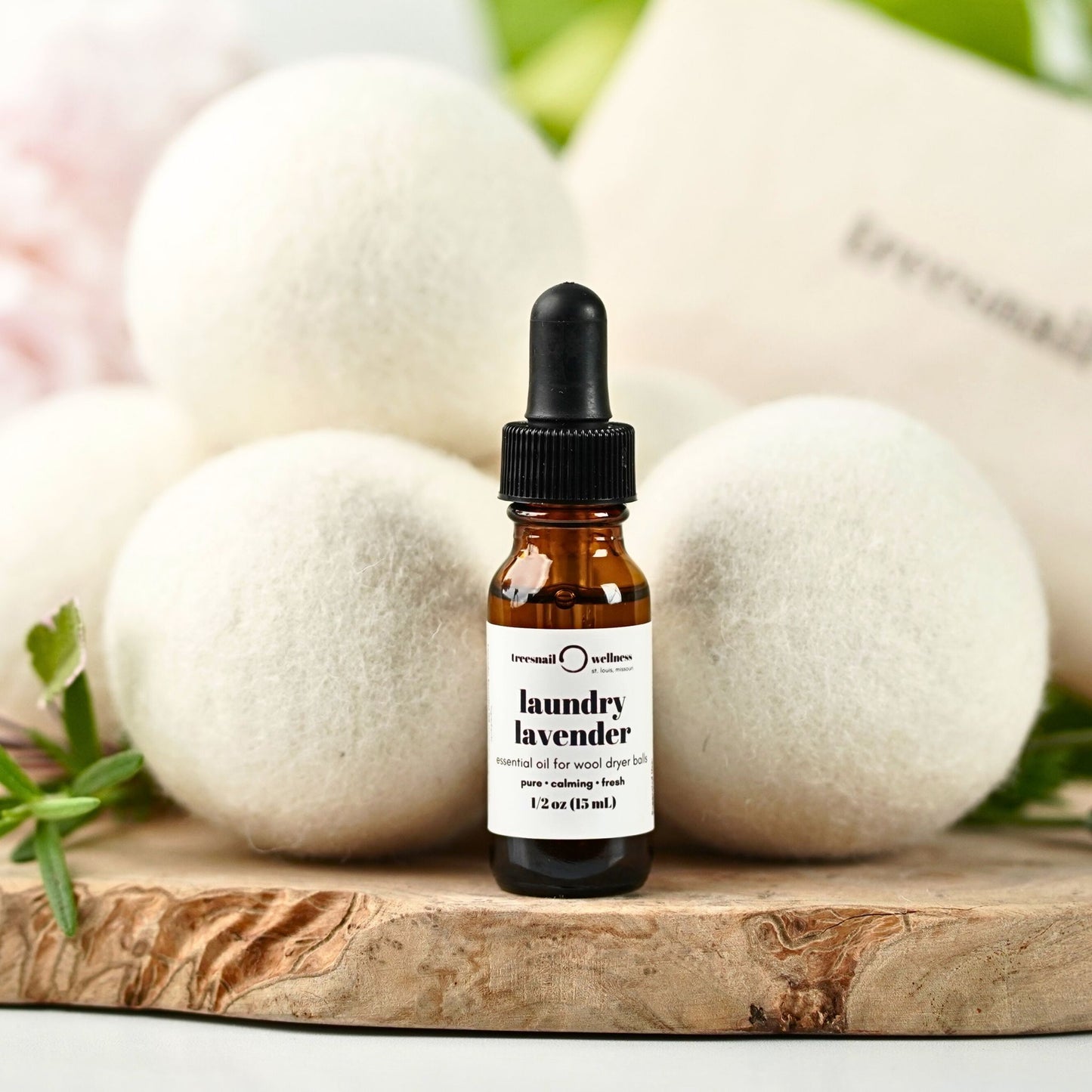 This natural laundry set includes organic wool dryer balls from New Zealand and pure lavender essential oil in a dropper top bottle for easy application onto the dryer balls.