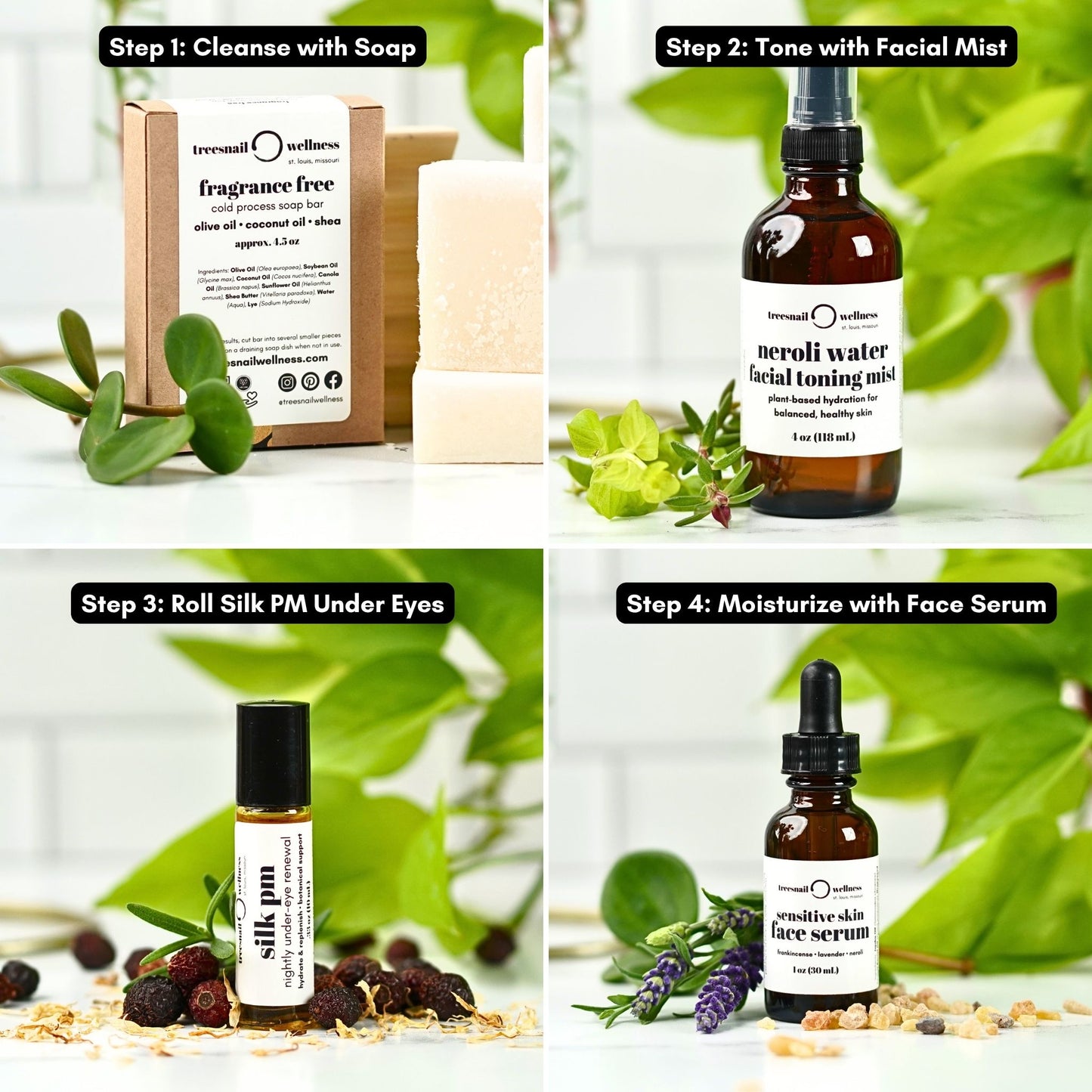 How to Use the Treesnail Wellness Natural Skincare Bundle for Sensitive Skin: Step 1, Cleanse with Soap; Step 2, Tone with Facial Mist; Step 3, Roll Silk PM Under Eyes; Step 4, Moisturize with Face Serum