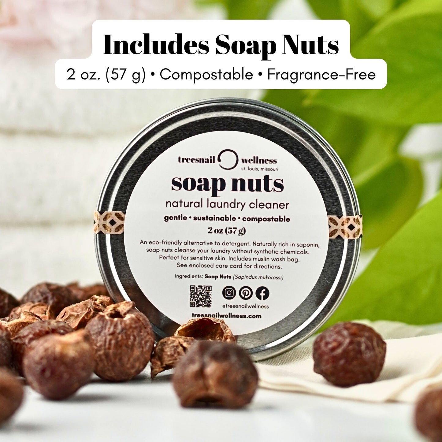 This natural laundry set includes 2 oz. of soap nuts, ready for you to replace thick, synthetic detergents and large wasteful jugs.
