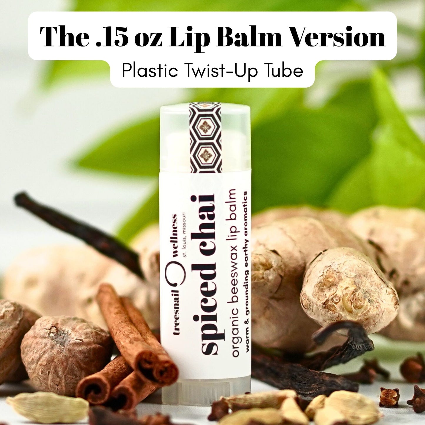 Spiced Chai Lip Balm in the .15 oz plastic twist-up tube version.