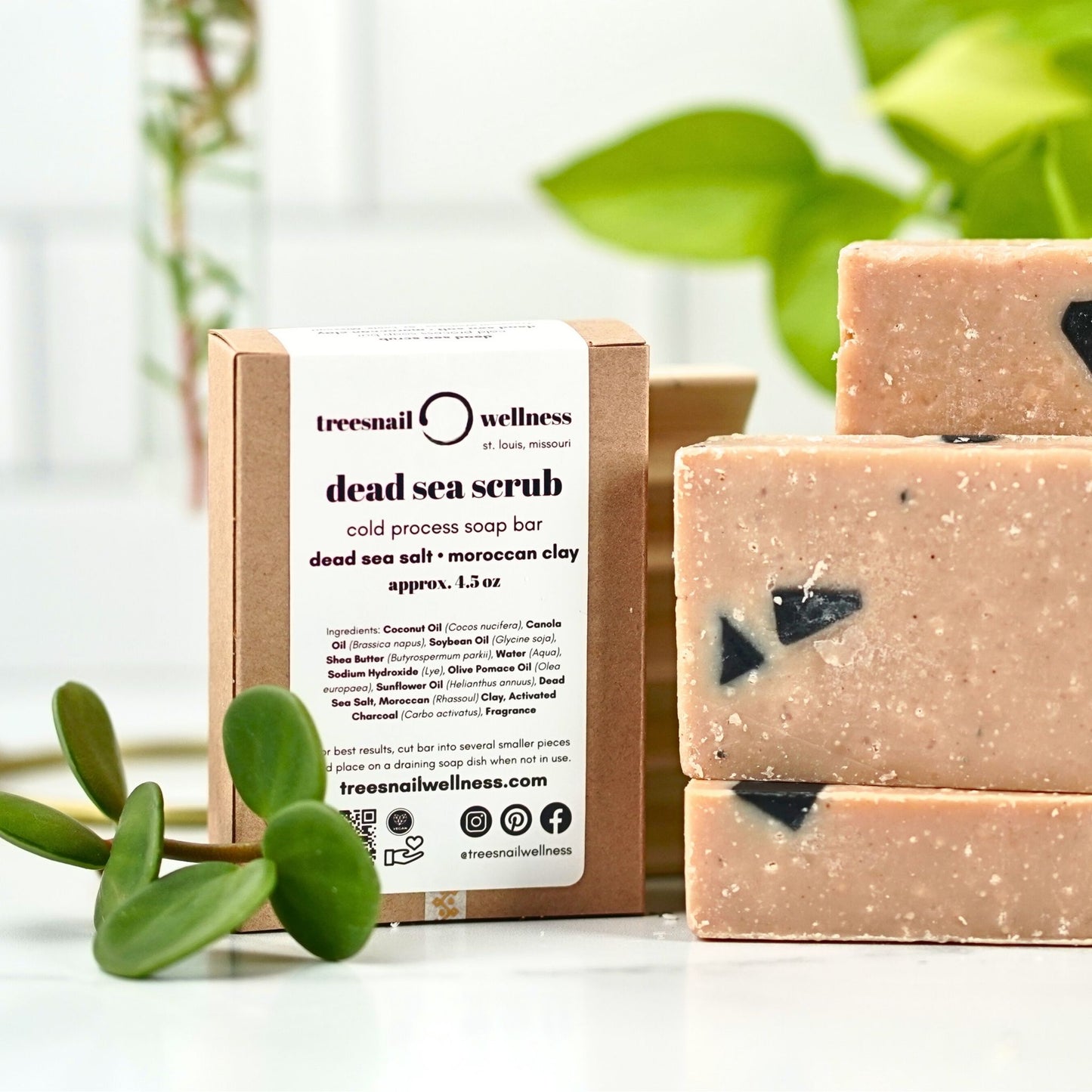 Treesnail Wellness Dead Sea Scrub Cold Process Soap Bar, presented in a sustainable paperboard box.