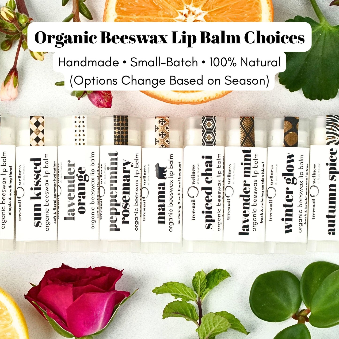 Choose from over 10 organic beeswax lip balm options, with essential oil blends that rotate based on the season.