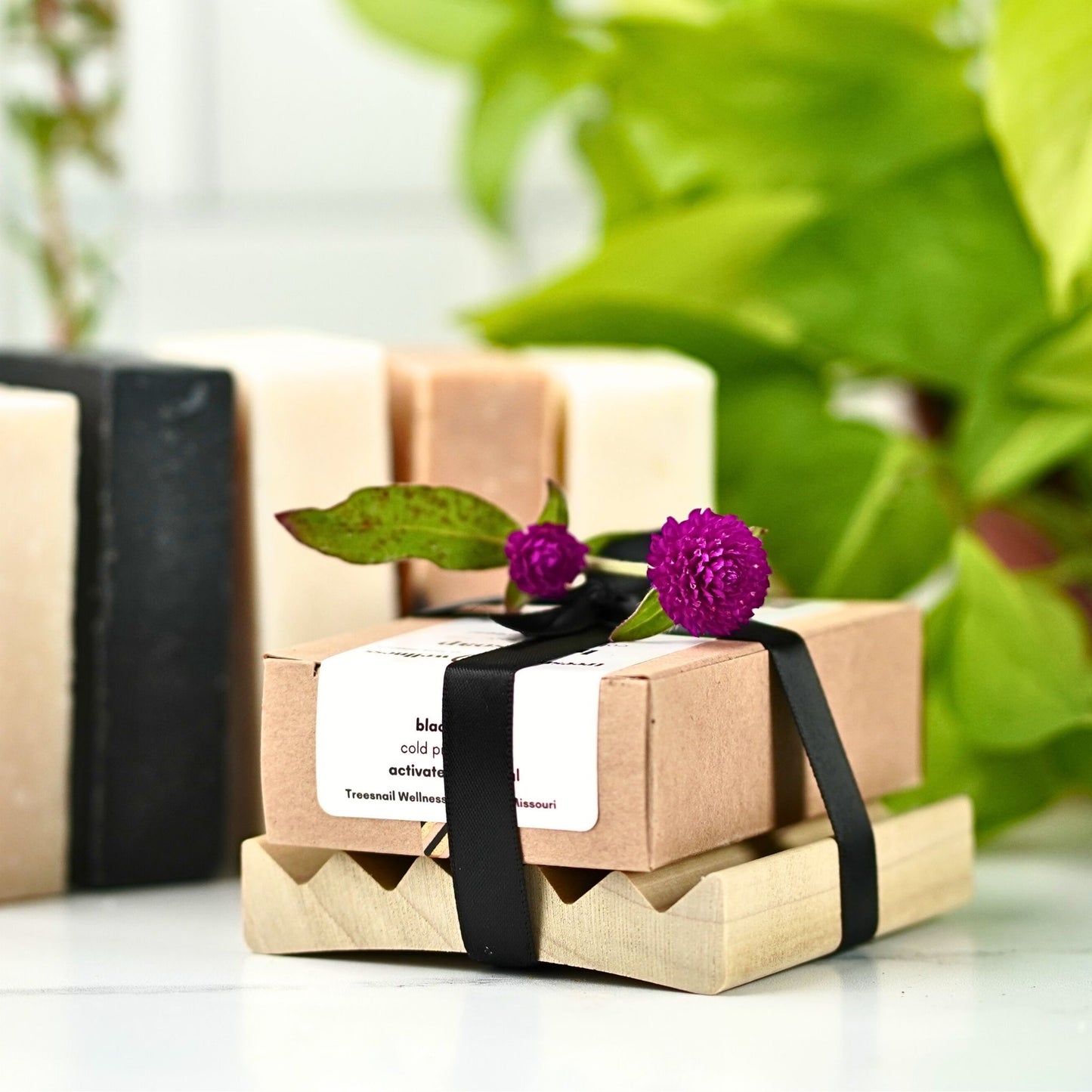Soap Gift Set by Treesnail Wellness includes a wooden (poplar) soap deck, your choice of soap bar, all tied up and ready to gift.