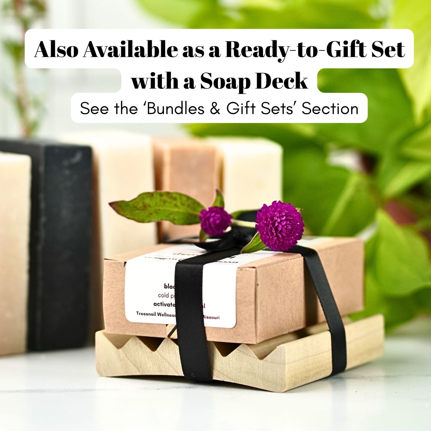 All Treesnail Wellness soap bars are also available as gift sets that include a wooden soap deck and tied with a black satin ribbon, ready to gift.