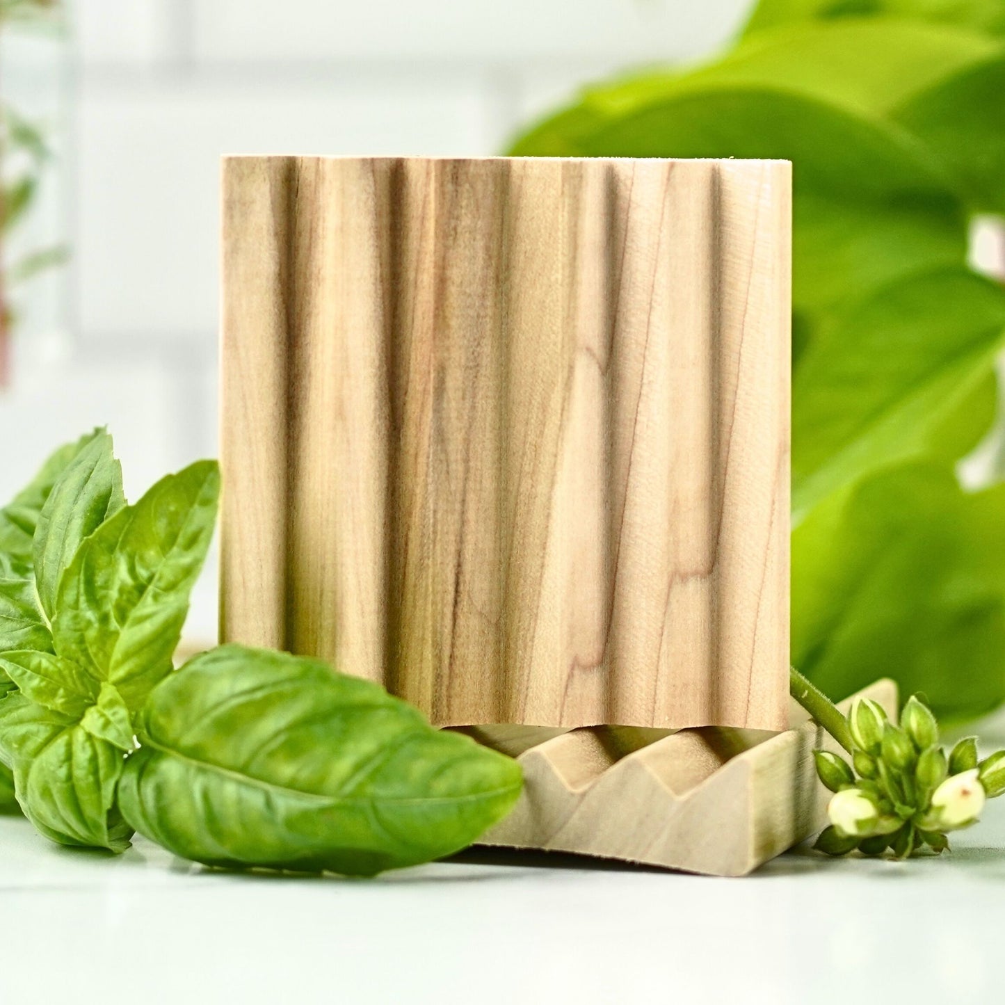 Wooden soap deck for handmade soaps by Treesnail Wellness. A square poplar soap deck that measures 3.5" x 3.5", featuring a ridged top and concave bottom to prevent moisture accumulation.