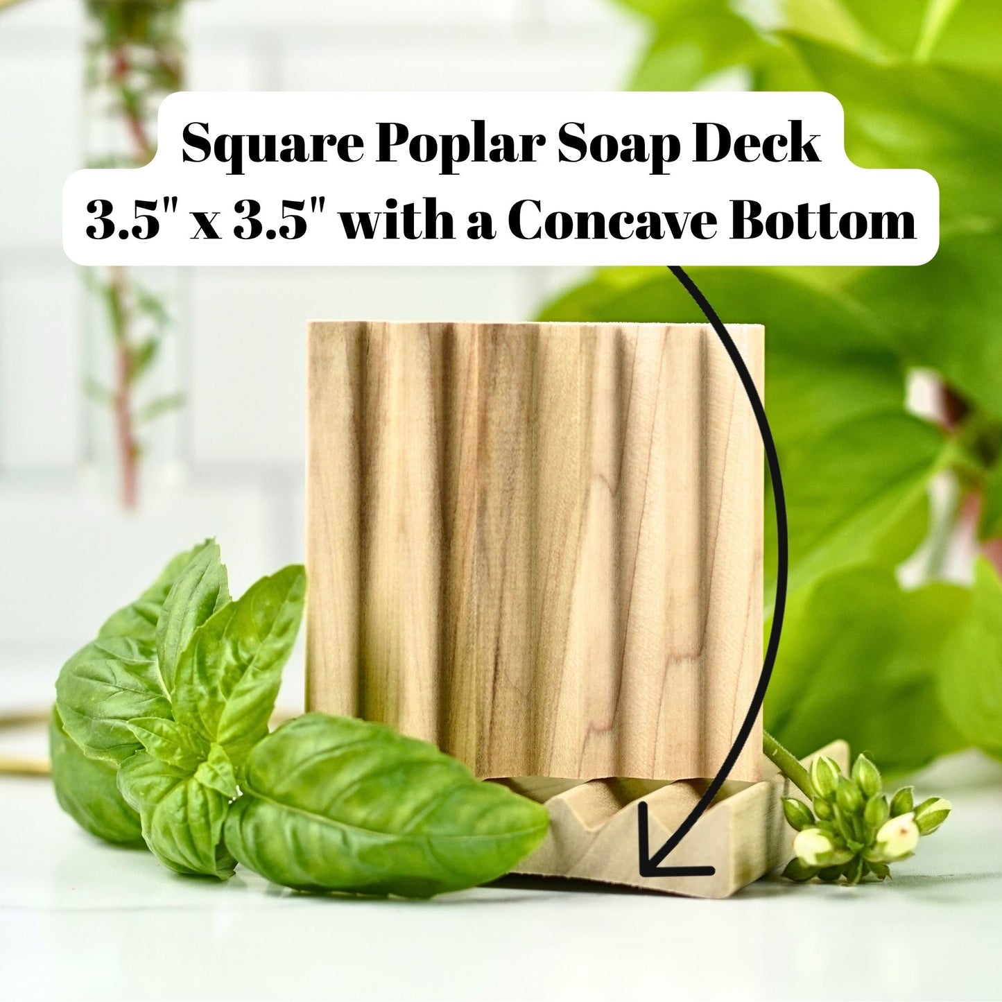 All Treesnail Wellness wooden soap decks are square (3.5" x 3.5") with a concave bottom to prevent moisture accumulation to extend the life of your soap.