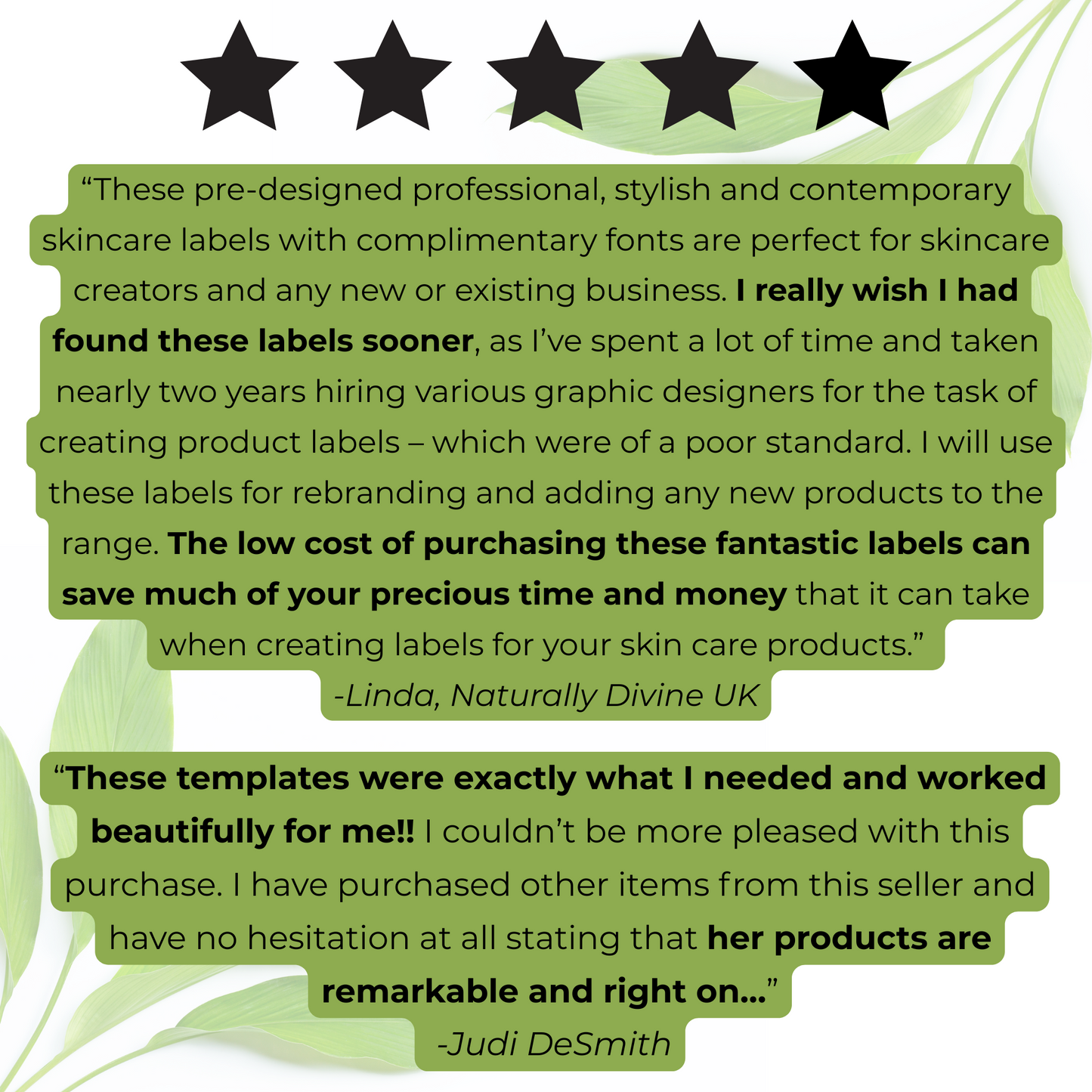 Product labels with customer reviews and star ratings on a green leafy background