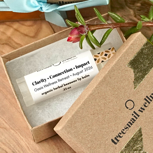 Oasis Wellness Retreat lip balm in a brown box with a plant on a wooden surface