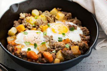 sweet potato, colorful vegetables, leafy greens, egg, and protein